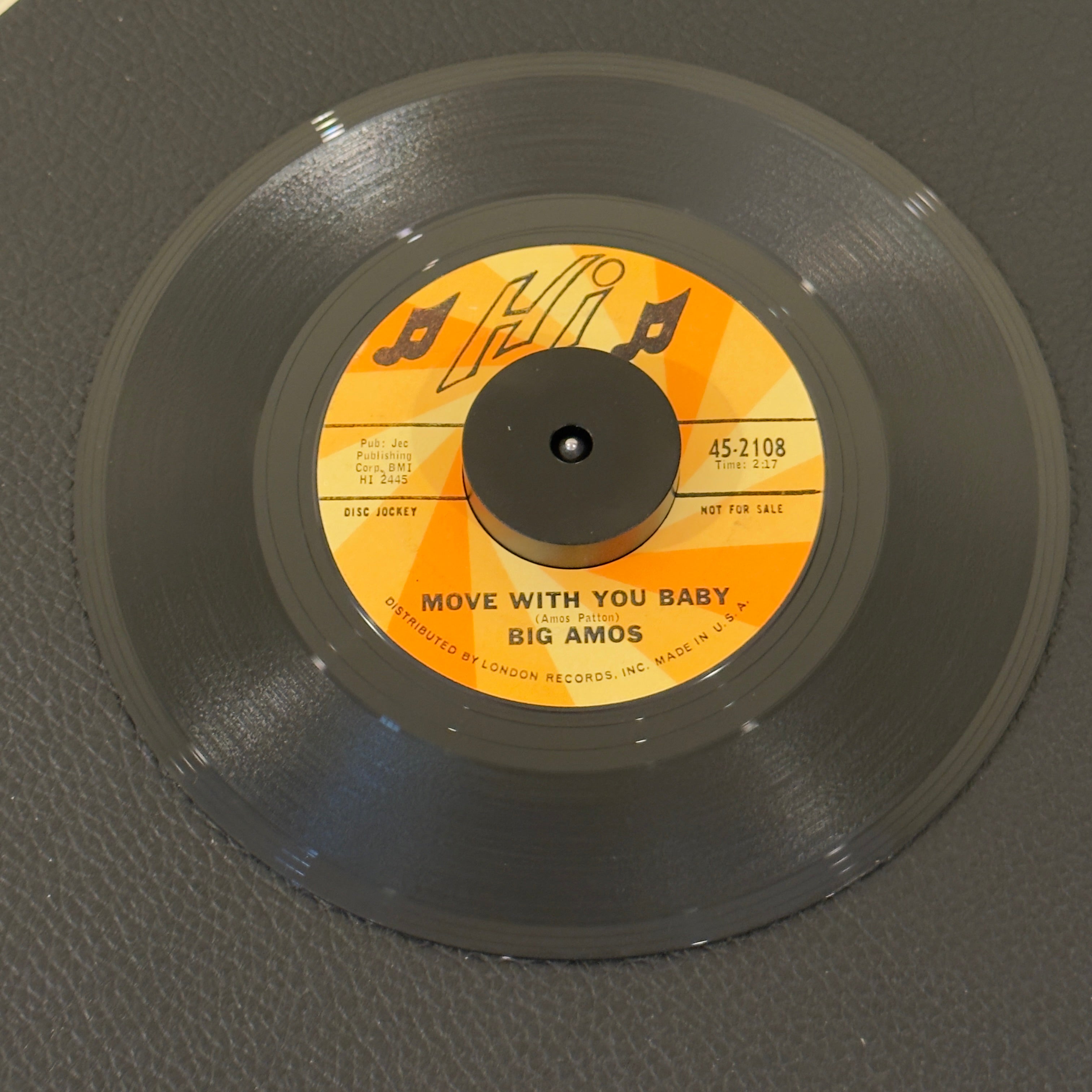 7" vinyl record by Big Amos featuring "Move With You Baby/He Won't Bite Me Twice", released on Hi Records (45-2108), in VG (Very Good) condition, classic analog collectable for turntable playback. Promtional copy!