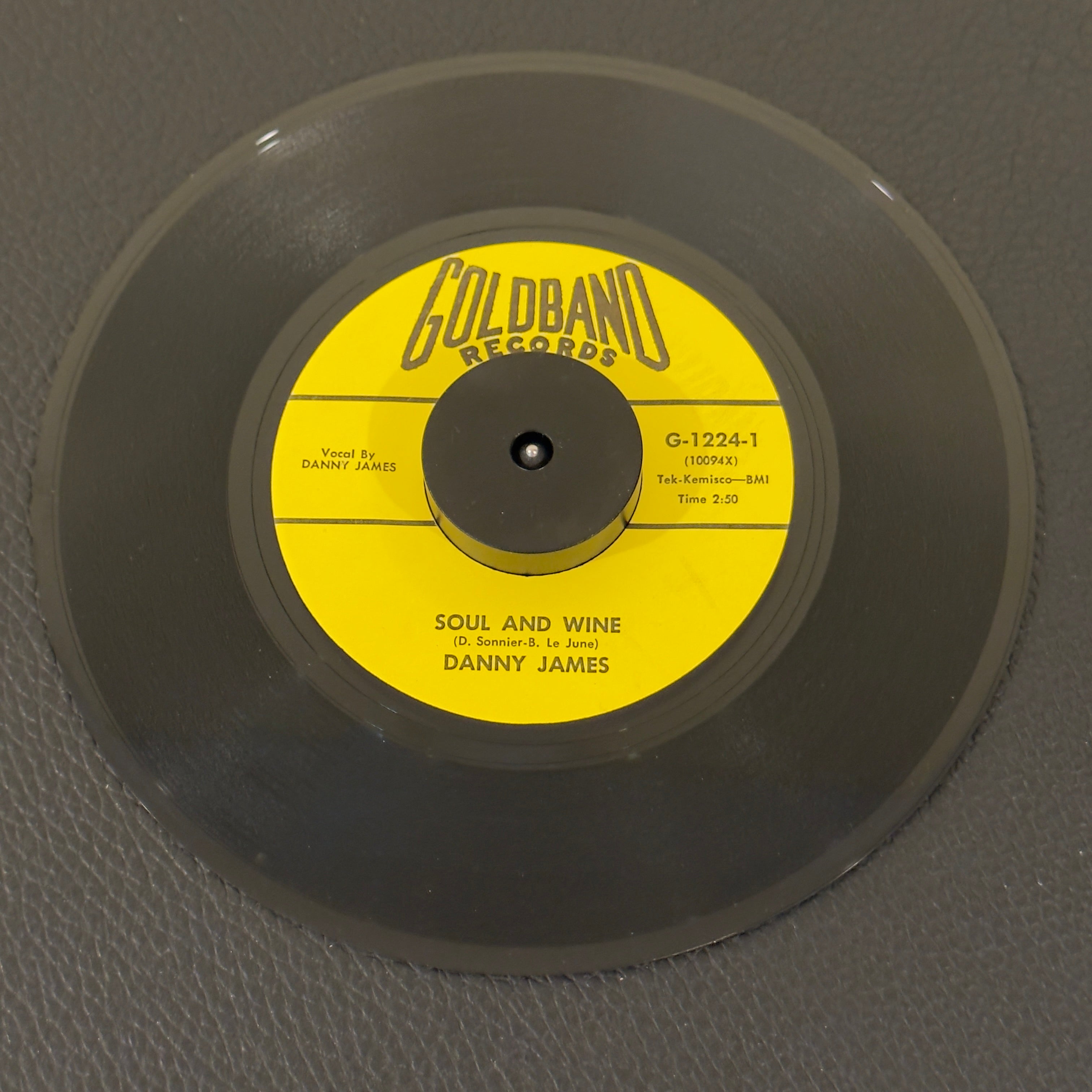 7" vinyl record by Danny James featuring "Soul and Wine/Mr. Sandman", released on Goldband Records (G-1224), in VG+ (Very Good Plus) condition, classic analog collectable for turntable playback.