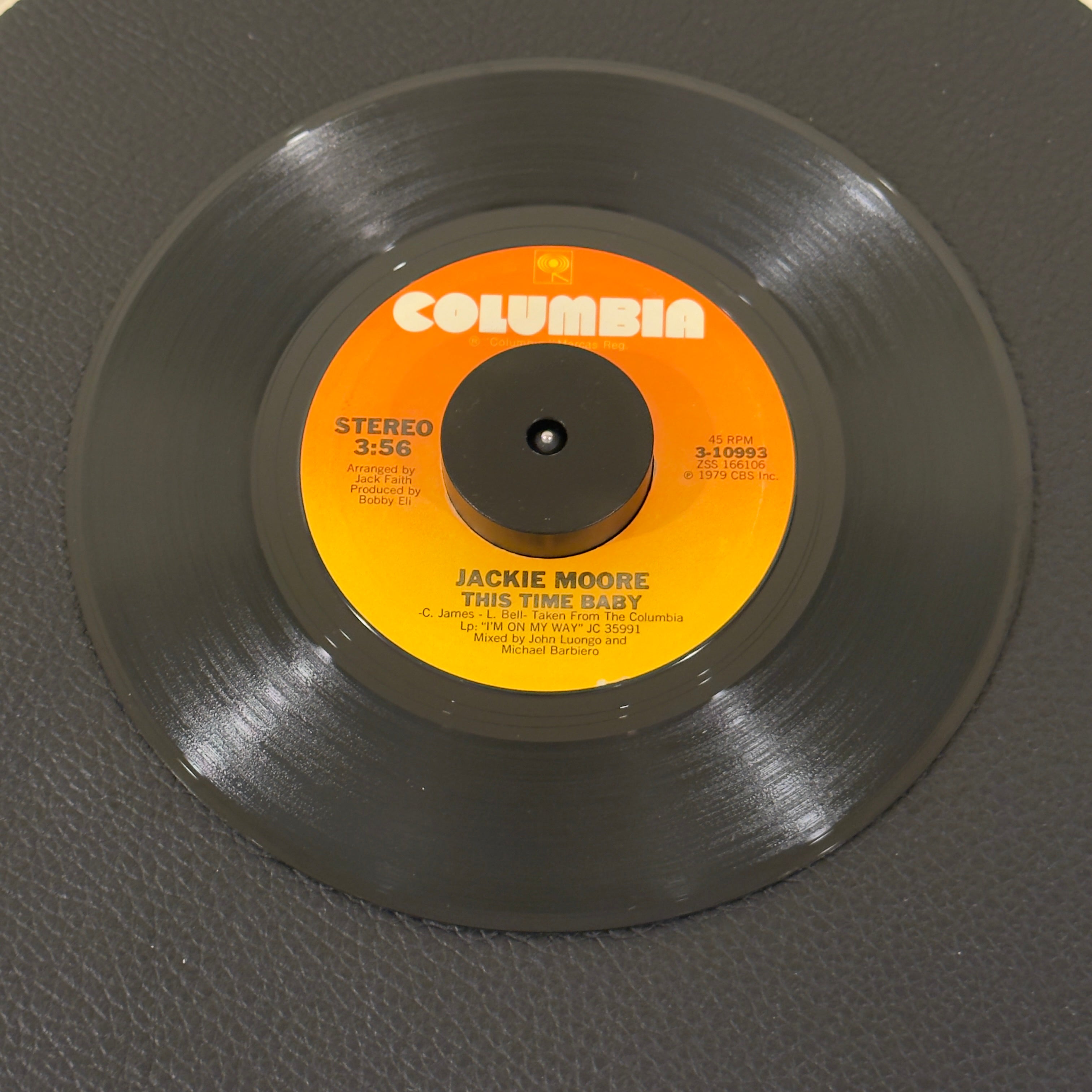 7" vinyl record by Jackie Moore featuring "This TIme Baby/Let's Go Somewhere And Make Love", released on Columbia (3-10993), in VG+ (Very Good Plus) condition, classic analog collectable for turntable playback. Includes original Columbia sleeve.