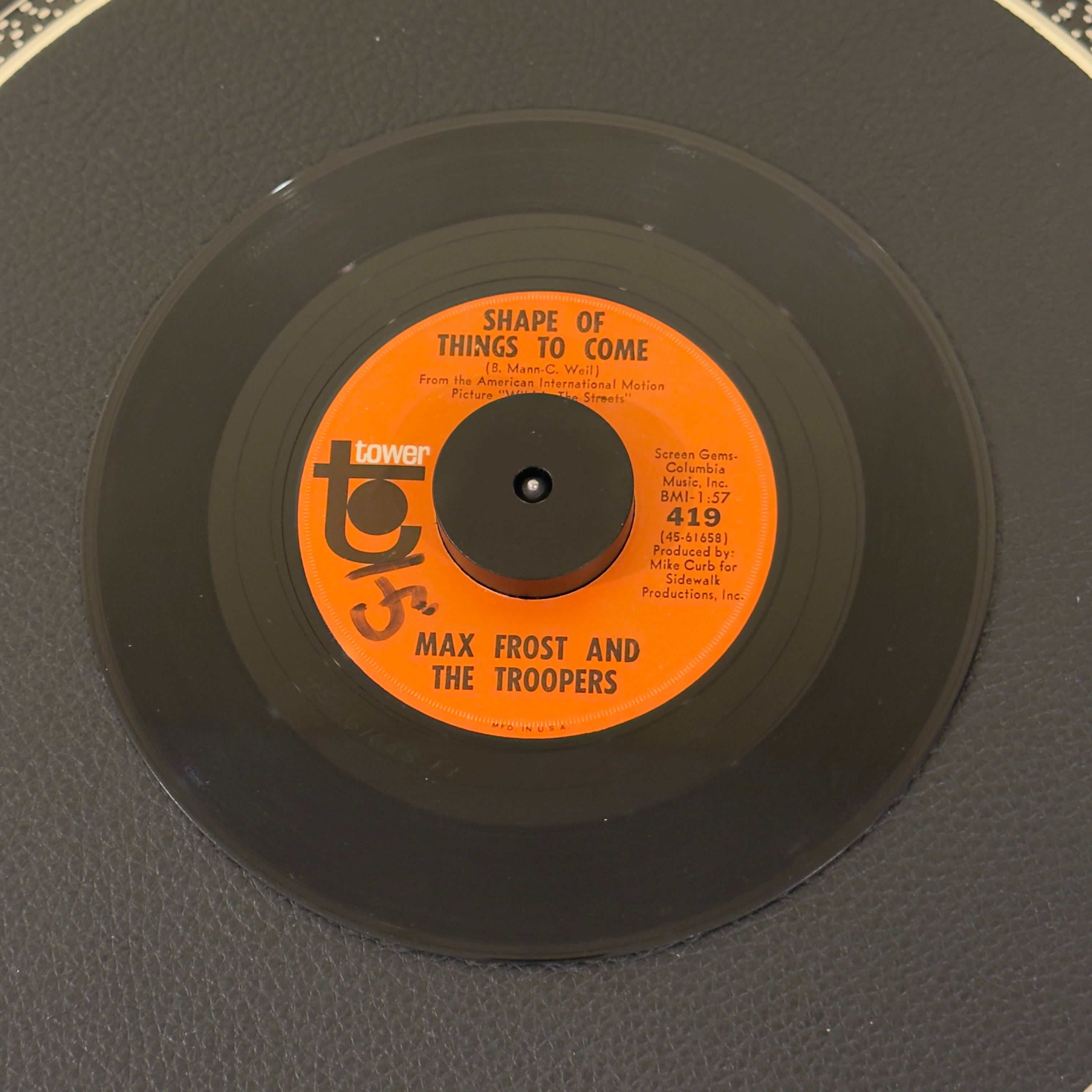 7" vinyl record by Max Frost and The Troopers featuring "Shape Of Things To Come/Free Lovin'", released on Tower (419), in VG+ (Very Good Plus) condition, classic analog collectable for turntable playback. Includes original Tower sleeve.  Writing on label - Side A.