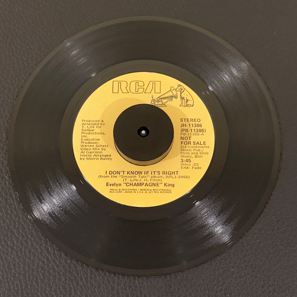 7" vinyl record by Evelyn "Champagne" King featuring "I Don't Know If It's Right/I Don't Know If It's Right", released on RCA (JH-11386), in VG+ (Very Good Plus) condition, classic analog collectable for turntable playback. Promotional Copy! Includes original RCA sleeve.
