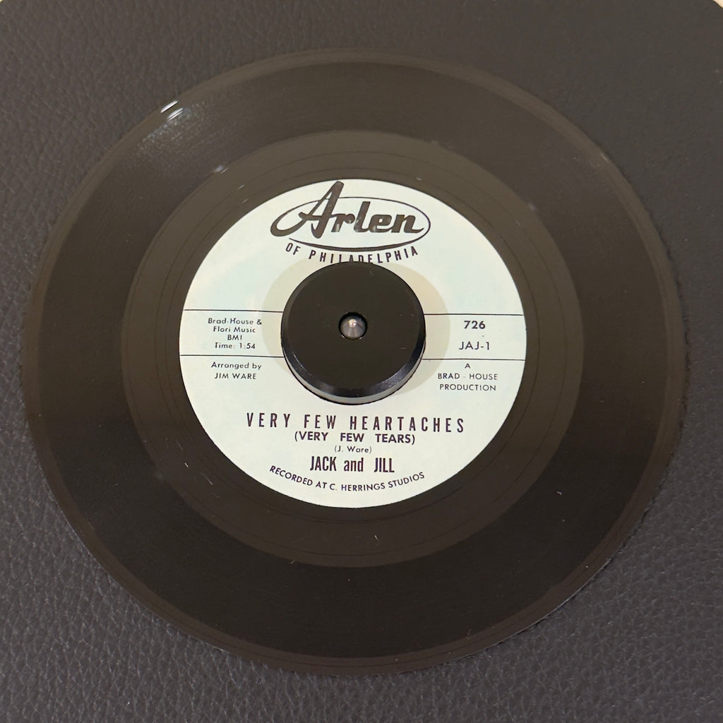 7" vinyl record by Jack and Jill featuring "Very Few Heartaches (Very Few Tears)/Lauries' Love", released on Arlen (726), in VG+ (Very Good Plus) condition, classic analog collectable for turntable playback. Beautiful copy of the obscure teen doo-wop gem.