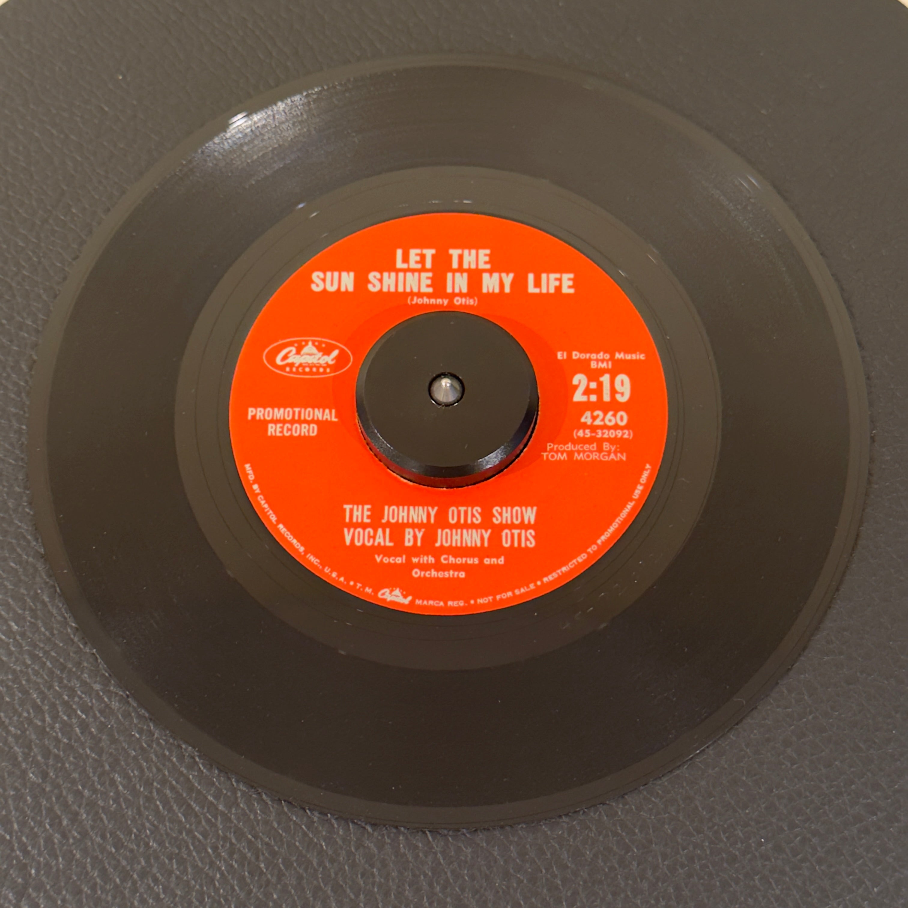 7" vinyl record by Johnny Otis Show, The featuring "Let The Sun Shine In My Life/Baby, Just You", released on Capitol Records (4260), in VG+ (Very Good Plus) condition, classic analog collectable for turntable playback. Highly infectious groove from the legendary Godfather of West Coast R&B.  Promo copy including the original Capitol Records sleeve.