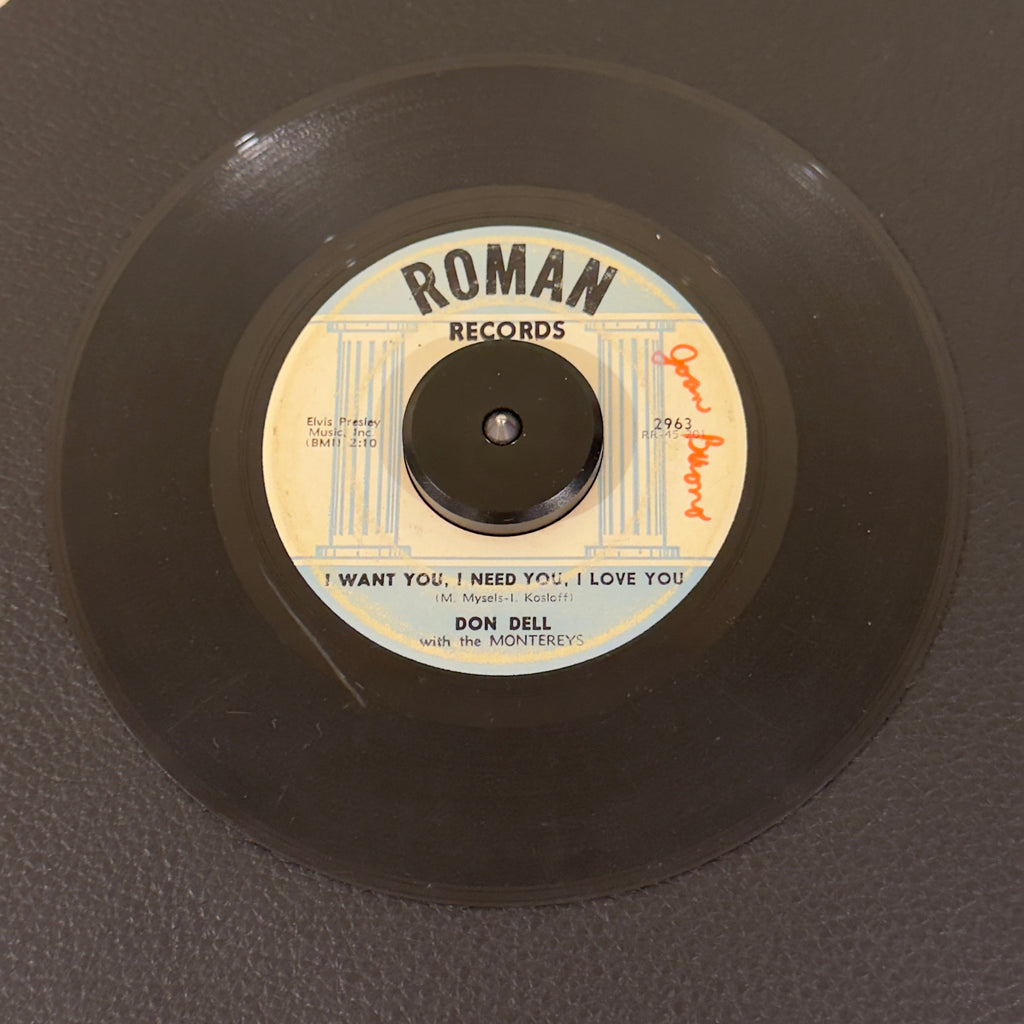 7" vinyl record by Don Dell featuring "I Want You, I Need You, I Love You/Make Believe Love", released on Roman Records (2963), in G+ (Good Plus) condition, classic analog collectable for turntable playback. Writing on both sides of the label.