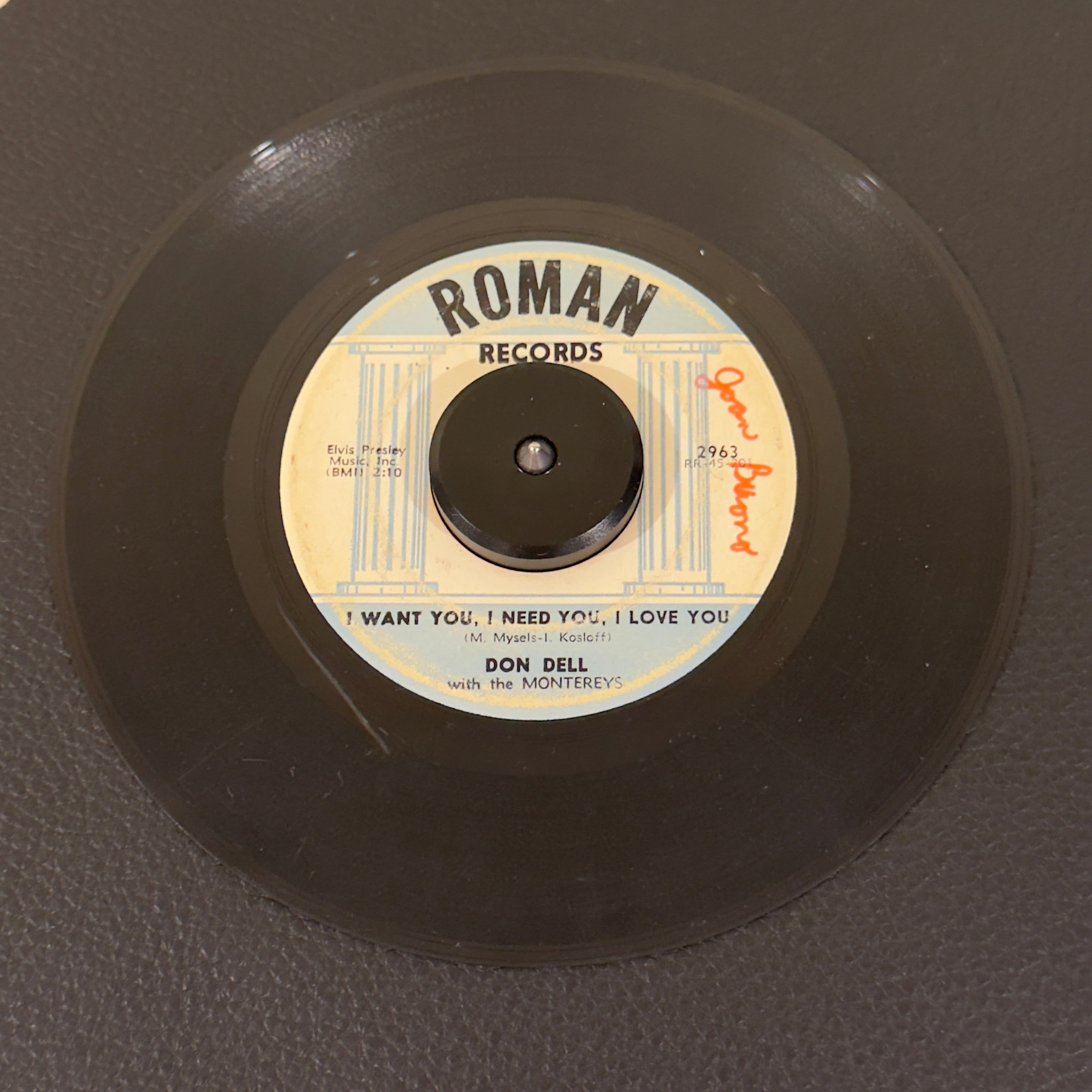 7" vinyl record by Don Dell featuring "I Want You, I Need You, I Love You/Make Believe Love", released on Roman Records (2963), in G+ (Good Plus) condition, classic analog collectable for turntable playback. Writing on both sides of the label.