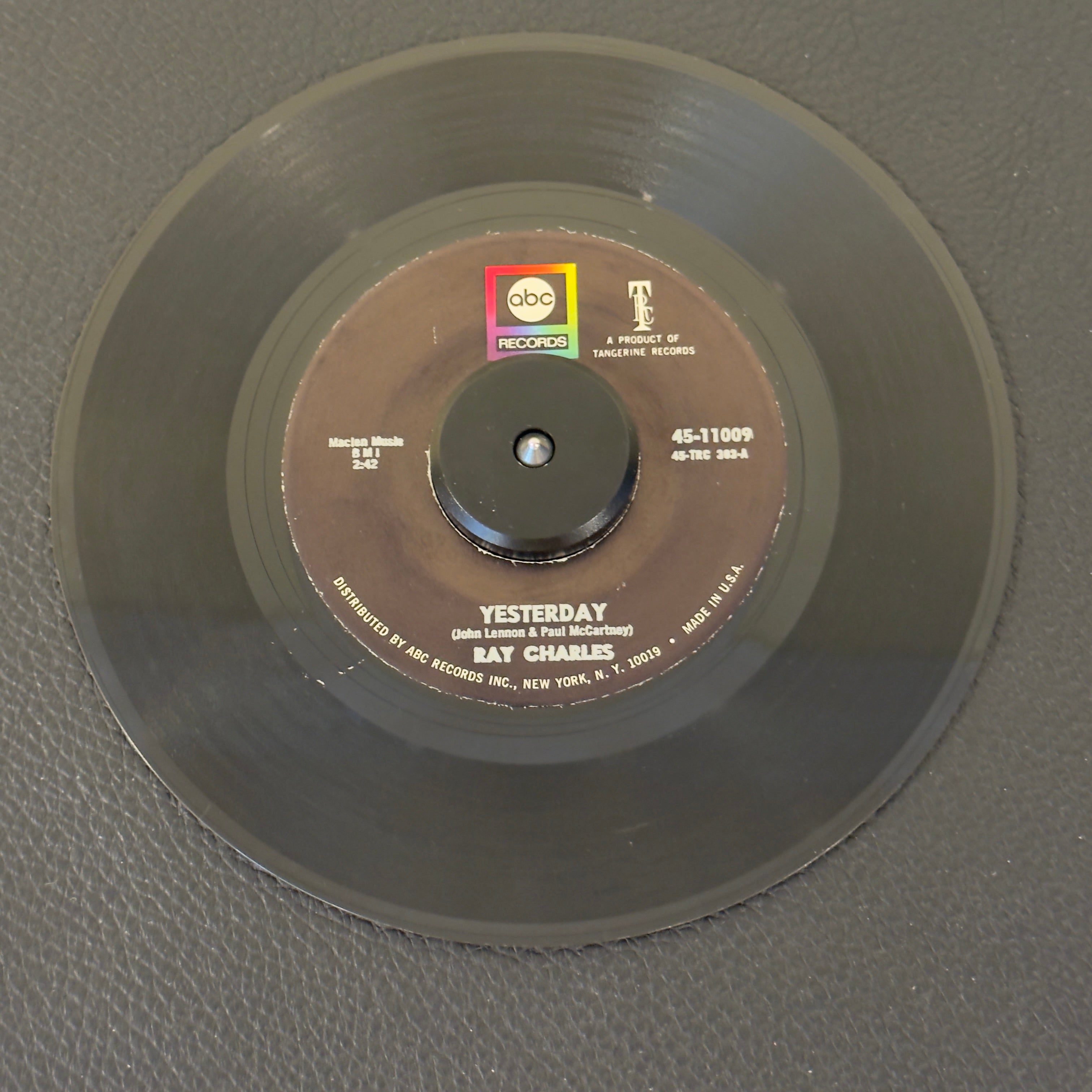 7" vinyl record by Ray Charles featuring "Yesterday/Never Had Enough Of Nothing Yet", released on ABC Records (45-11009), in VG+ (Very Good Plus) condition, classic analog collectable for turntable playback. Ray Charles delivering his masterful, soulful rendition of The Beatles' classic "Yesterday". Original ABC sleeve.