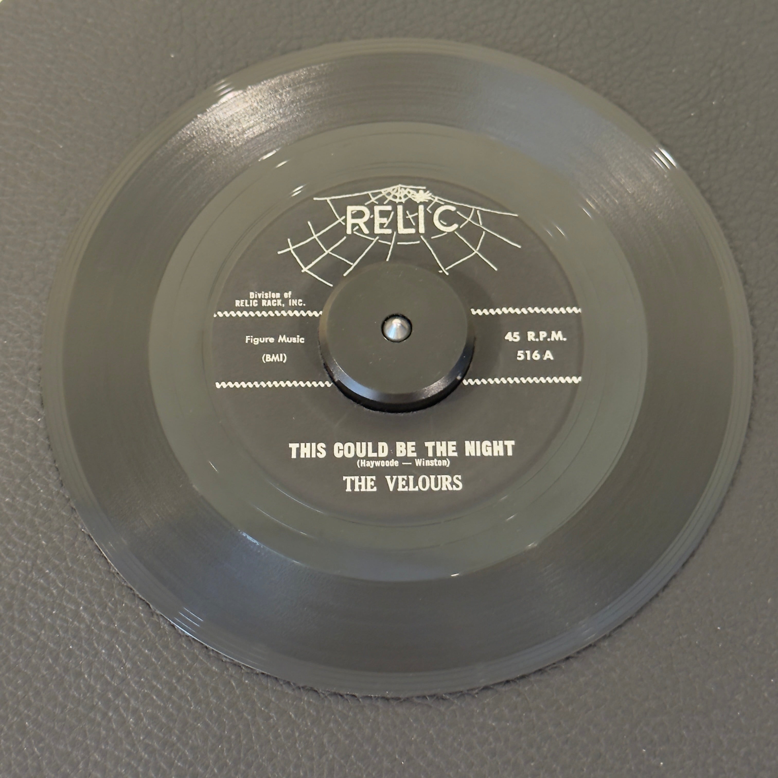 7" vinyl record by Velours, The featuring "This Could Be The Night/Hands Across The Table", released on Relic (516), in VG (Very Good) condition, classic analog collectable for turntable playback. Reissue of the doo-wop masterpiece by the legendary New York vocal group.