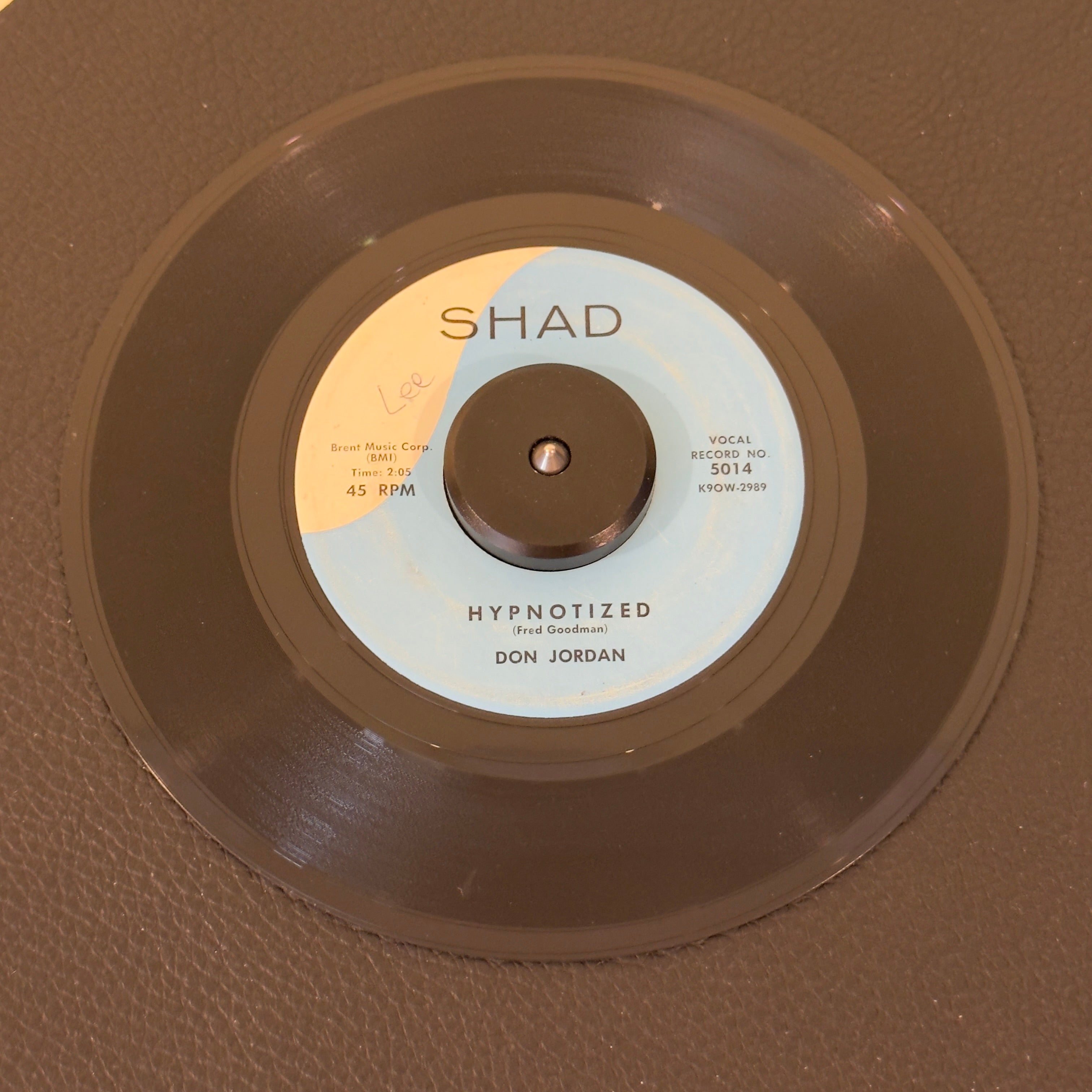 7" vinyl record by Don Jordan featuring "Hypnotized/(My Love For You Is) An Ocean", released on Shad (5014), in VG+ (Very Good Plus) condition, classic analog collectable for turntable playback. Original 1960 US pressing of the teen-pop and rockabilly mover.  WOL on both sides.