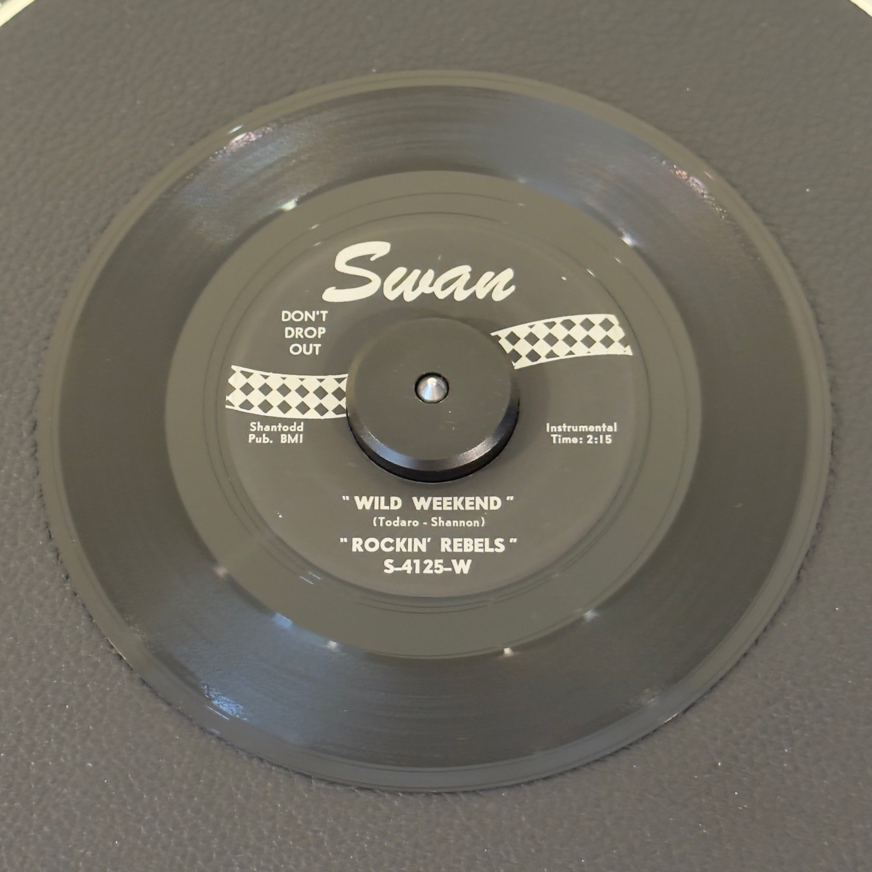 7" vinyl record by Rockin Rebels featuring "Wild Weekend/Wild Weekend Cha-Cha", released on Swan (S-4125-W), in VG (Very Good) condition, classic analog collectable for turntable playback. Originally written as a radio jingle for a Buffalo, NY DJ, it went straight into the Billboard Top 10 in early 1963.  Black label.