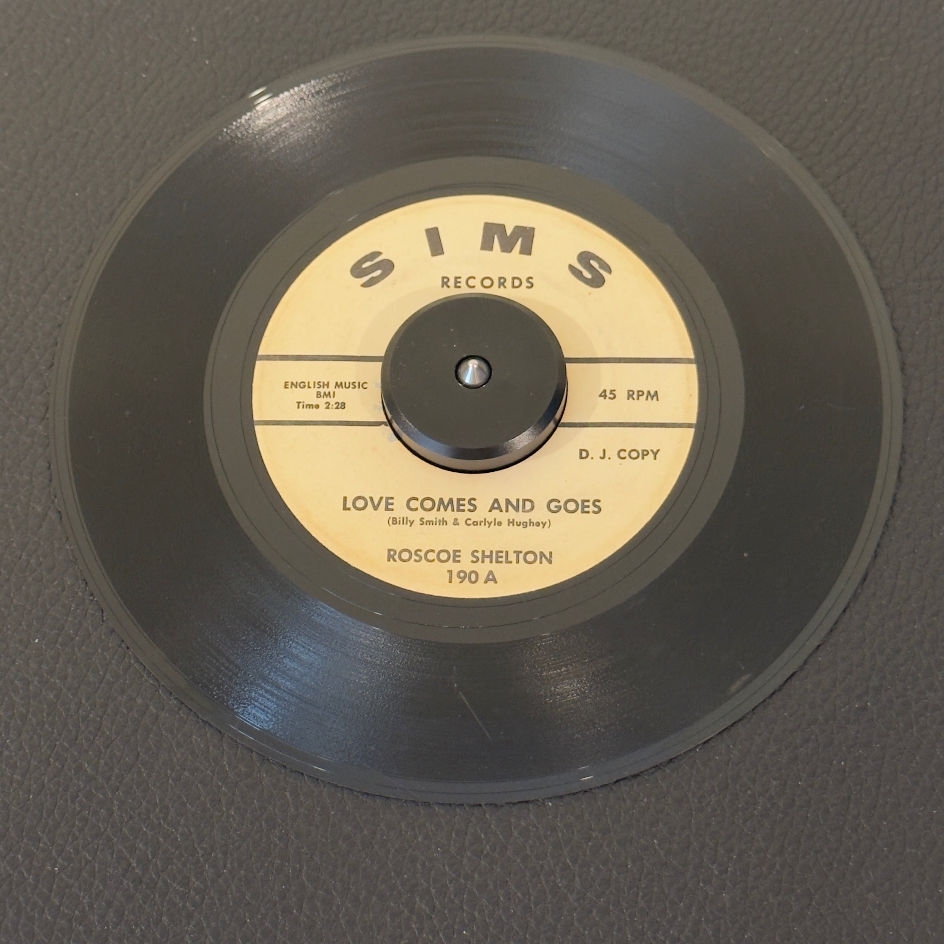 7" vinyl record by Roscoe Shelton featuring "Love Comes and Goes/Master Mind", released on Sims Records (190), in VG (Very Good) condition, classic analog collectable for turntable playback. Promo copy released on Russell Sims' historic Nashville imprint Sims Records, this track highlights Shelton's powerful, gritty vocal delivery.