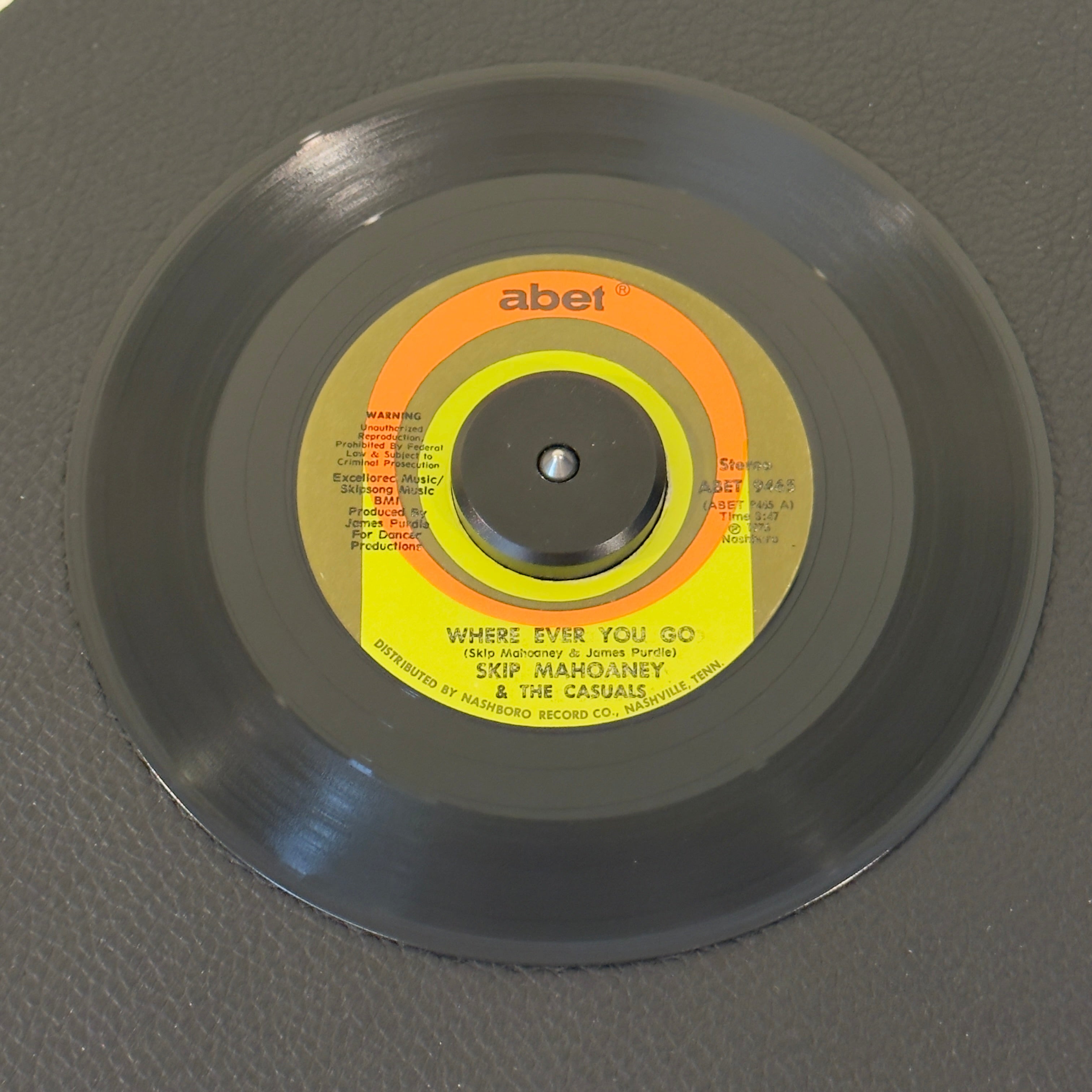 7" vinyl record by Skip Mahoaney & The Casuals featuring "Where Ever You Go/And It's Love", released on Abet (ABET 9465), in VG+ (Very Good Plus) condition, classic analog collectable for turntable playback. Highly collectible original 1976 US pressing of the crossover modern soul anthem including the original Abet sleeve.