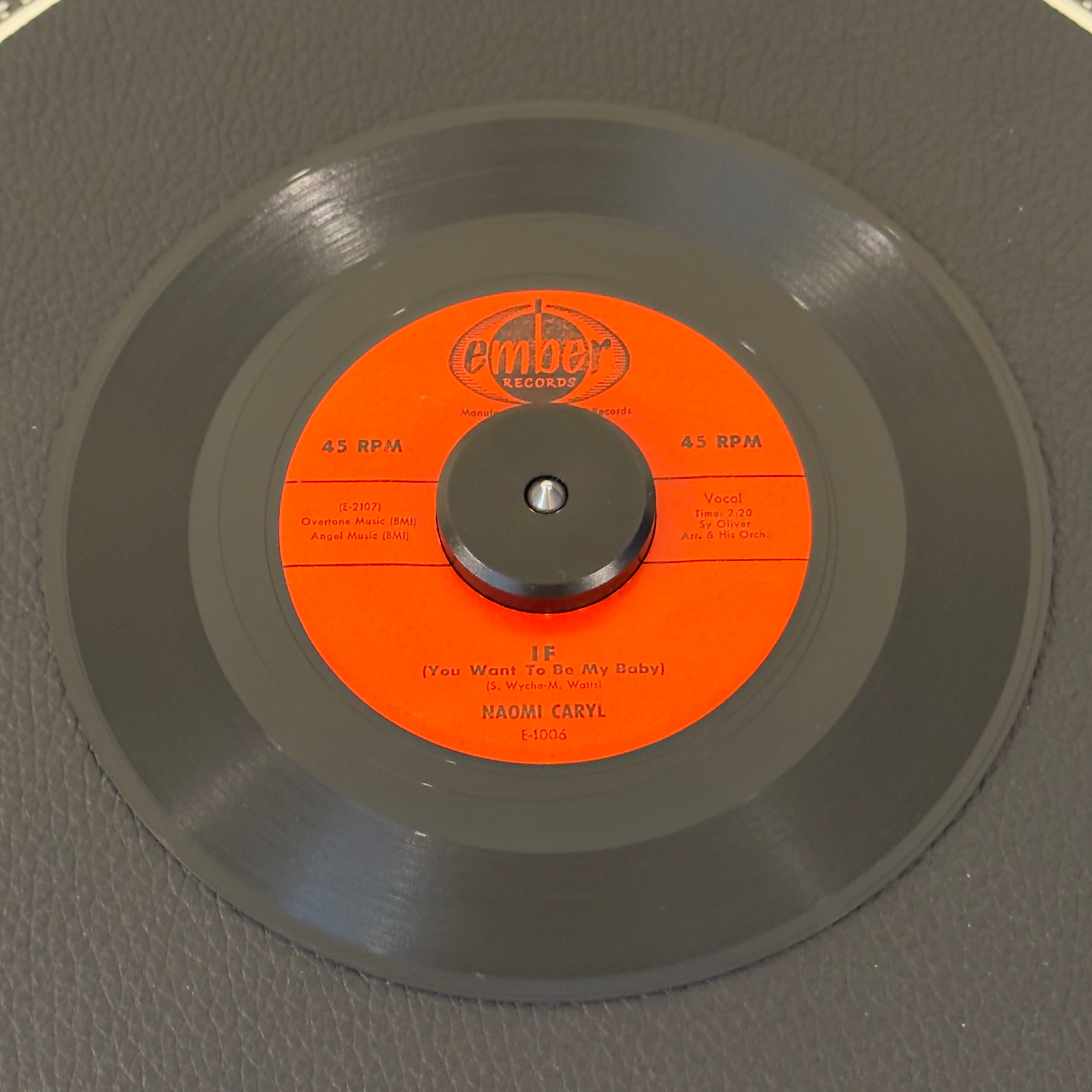 7" vinyl record by Naomi Caryl featuring "If (You Want To Be My Baby)/Before You Say Goodbye", released on Ember Records (E-1006), in VG (Very Good) condition, classic analog collectable for turntable playback. Early piece of 1950s New York music history. This particular release is a holy grail for vocal group completists because of the backing band: Fred Parris and The Five Satins!