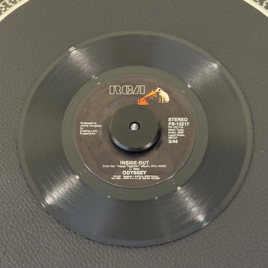 7" vinyl record by Odyssey featuring "Inside Out/Love's Alright", released on RCA (PB-13217), in VG (Very Good) condition, classic analog collectable for turntable playback. Classic synth-funk single featuring the infectious bassline later famously sampled by electronic and hip-hop producers.