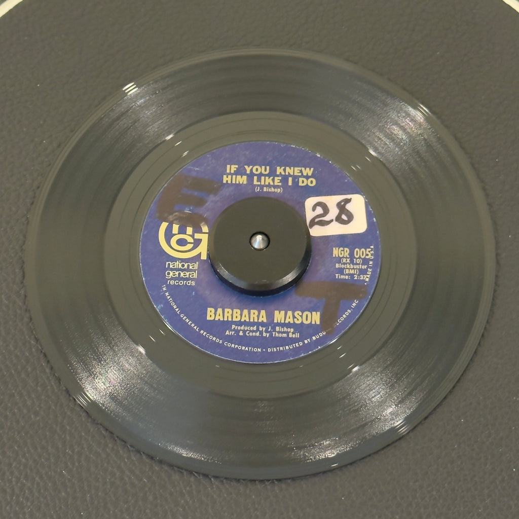 7" vinyl record by Barbara Mason featuring "If You Knew Him Like I Do/Raindrops Keep Fallin' On My Head", released on National General Records (NGR-005), in VG (Very Good) condition, classic analog collectable for turntable playback. WOL on both sides and a sitcker on Side A.