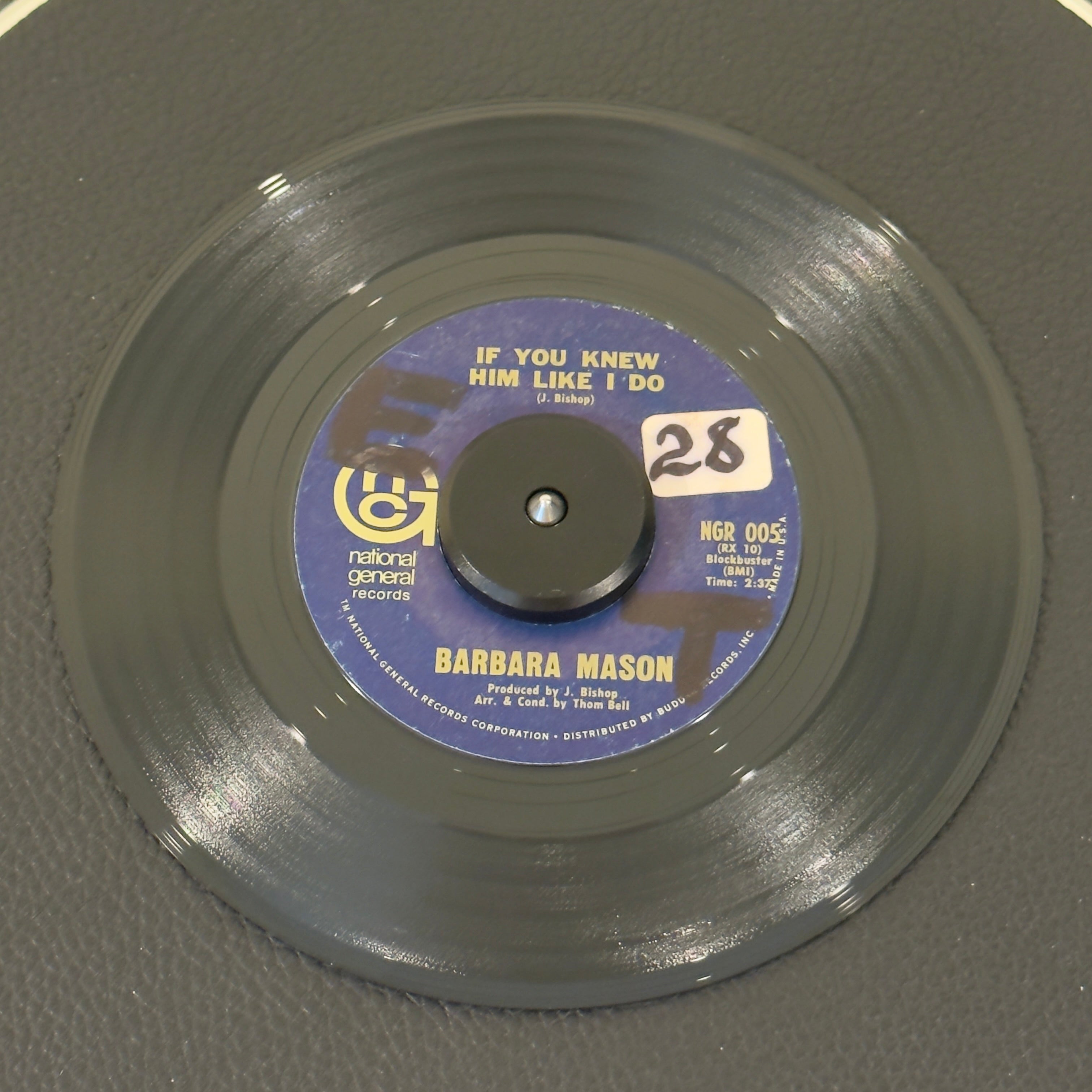7" vinyl record by Barbara Mason featuring "If You Knew Him Like I Do/Raindrops Keep Fallin' On My Head", released on National General Records (NGR-005), in VG (Very Good) condition, classic analog collectable for turntable playback. WOL on both sides and a sitcker on Side A.