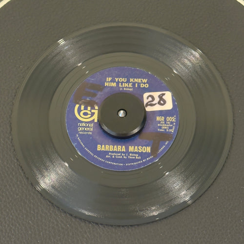 7" vinyl record by Barbara Mason featuring "If You Knew Him Like I Do/Raindrops Keep Fallin' On My Head", released on National General Records (NGR-005), in VG (Very Good) condition, classic analog collectable for turntable playback. WOL on both sides and a sitcker on Side A.