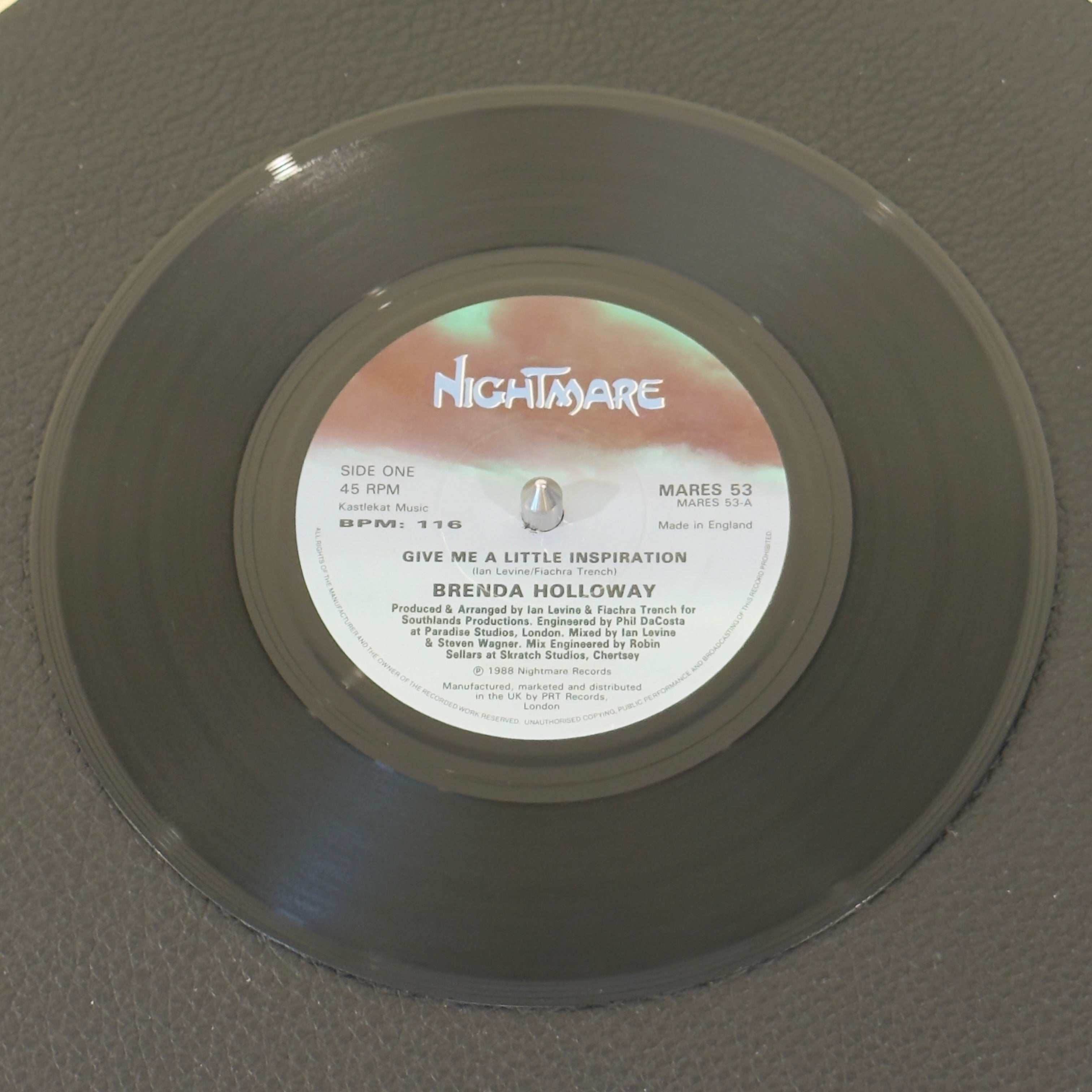7" vinyl record by Brenda Holloway featuring "Give Me A Little Inspiration/(Instrumental)", released on Nightmare Records (MARES 53), in VG+ (Very Good Plus) condition, classic analog collectable for turntable playback. 1988 UK release - stellar example of late-80s British Hi-NRG and Modern Soul crossover.