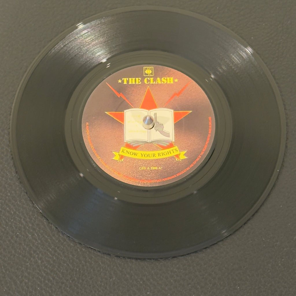 7" vinyl record by Clash, The featuring "Know Your Rights/First Night Back In London", released on CBS (A 2309), in NM (Near Mint) condition, classic analog collectable for turntable playback. 1982 public service announcement from "The Only Band That Matters." Serving as the explosive lead single for their seminal Combat Rock album.  Pic sleeve included.