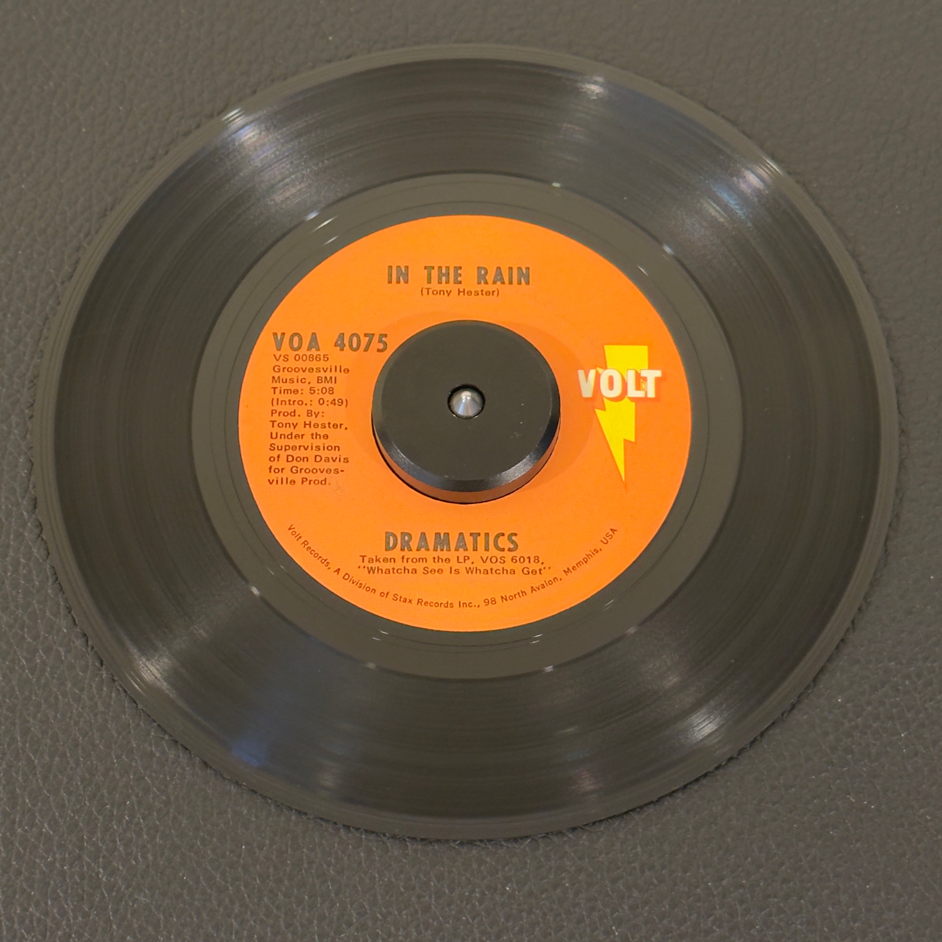 7" vinyl record by Dramatics featuring "In The Rain/(Gimme Some) Good Soul Music", released on Volt (VOA 4075), in VG+ (Very Good Plus) condition, classic analog collectable for turntable playback. Essential staple for any serious R&B, Funk, or deep Soul 45 collector.
