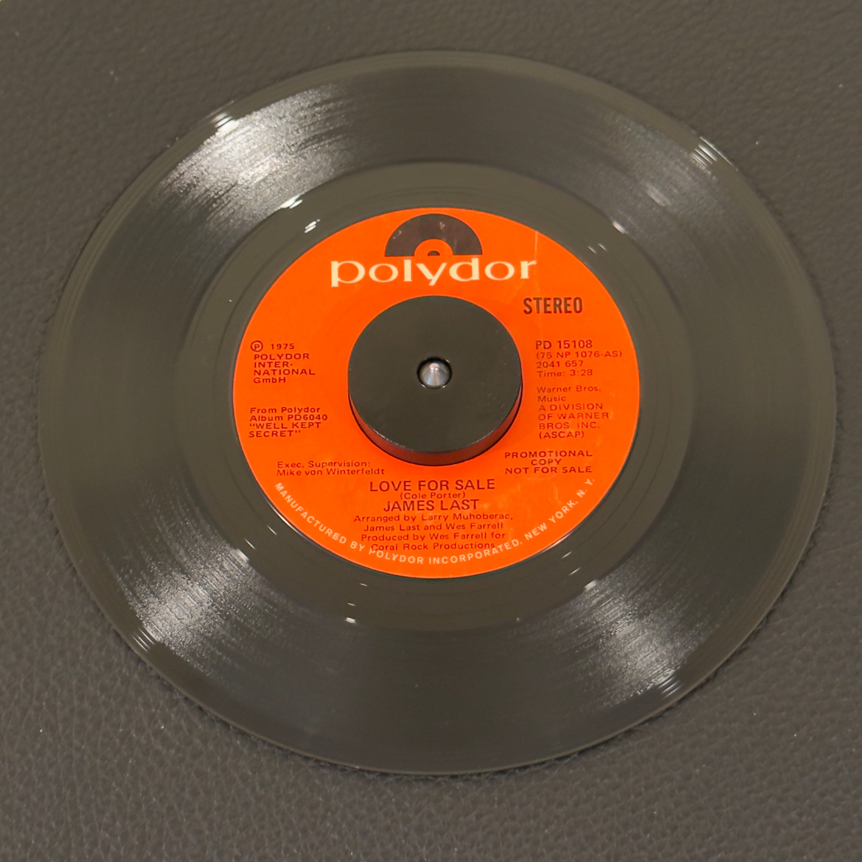 7" vinyl record by James Last featuring "Love For Sale (Stereo)/Love For Sale (Mono)", released on Polydor (PD 15108), in VG+ (Very Good Plus) condition, classic analog collectable for turntable playback. James Last turns Cole Porter's "Love For Sale" into an absolute monster drum-and-bass breakdown breakbeat dancer.  Promo Copy and Polydor sleeve!