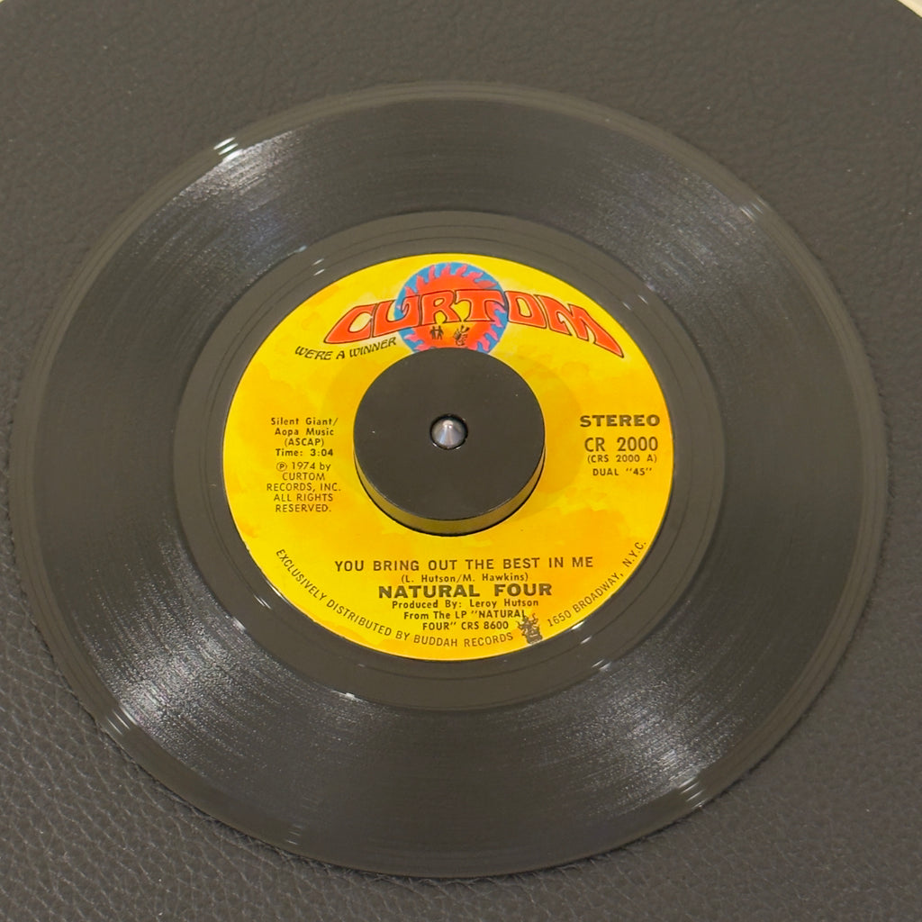 7" vinyl record by Natural Four featuring "You Bring Out The Best In Me/You Can't Keep Running Away", released on Curtom (CR-2000), in VG+ (Very Good Plus) condition, classic analog collectable for turntable playback. Original 1974 pressing of a towering Chicago sweet and crossover soul anthem and legendary DJ box necessity.