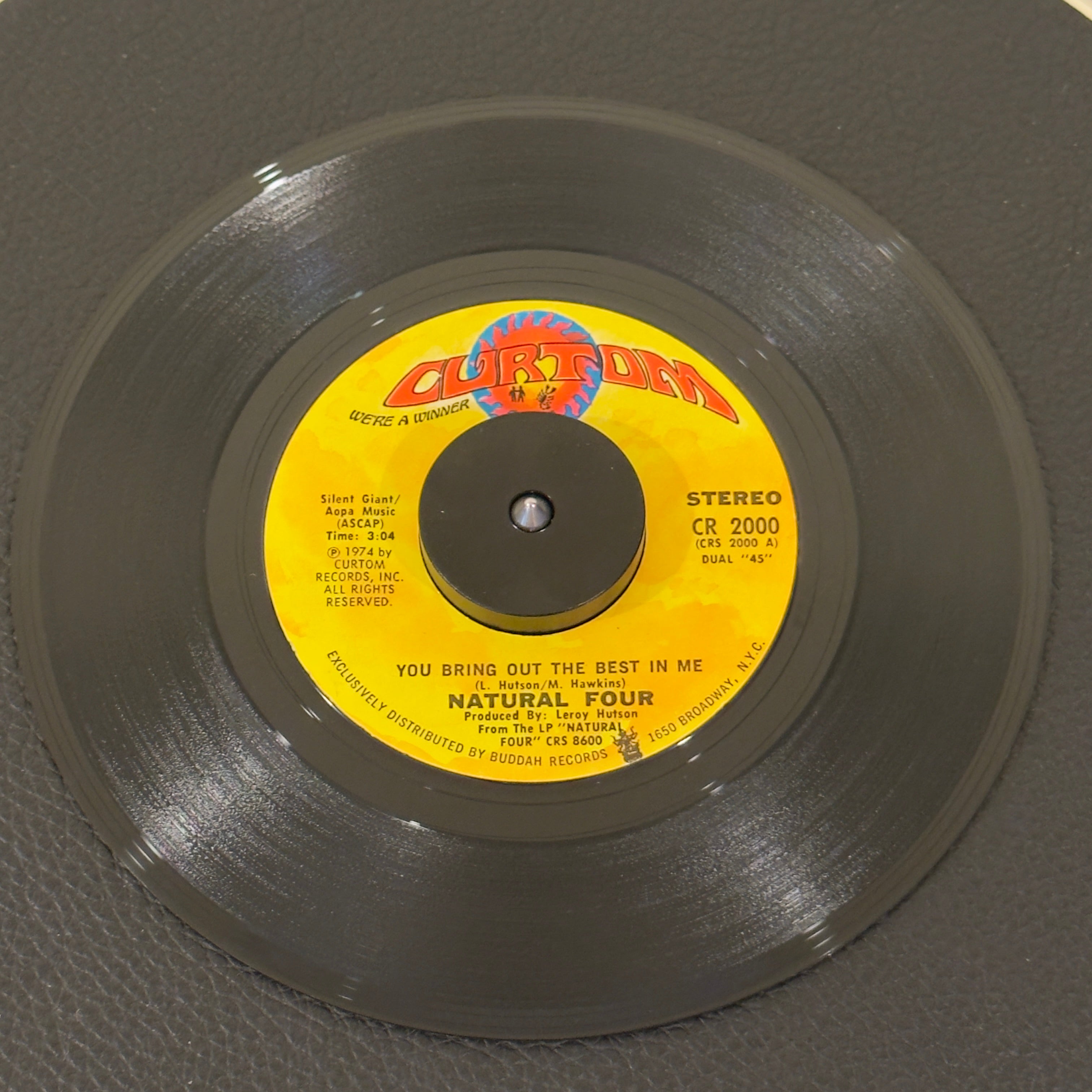 7" vinyl record by Natural Four featuring "You Bring Out The Best In Me/You Can't Keep Running Away", released on Curtom (CR-2000), in VG+ (Very Good Plus) condition, classic analog collectable for turntable playback. Original 1974 pressing of a towering Chicago sweet and crossover soul anthem and legendary DJ box necessity.