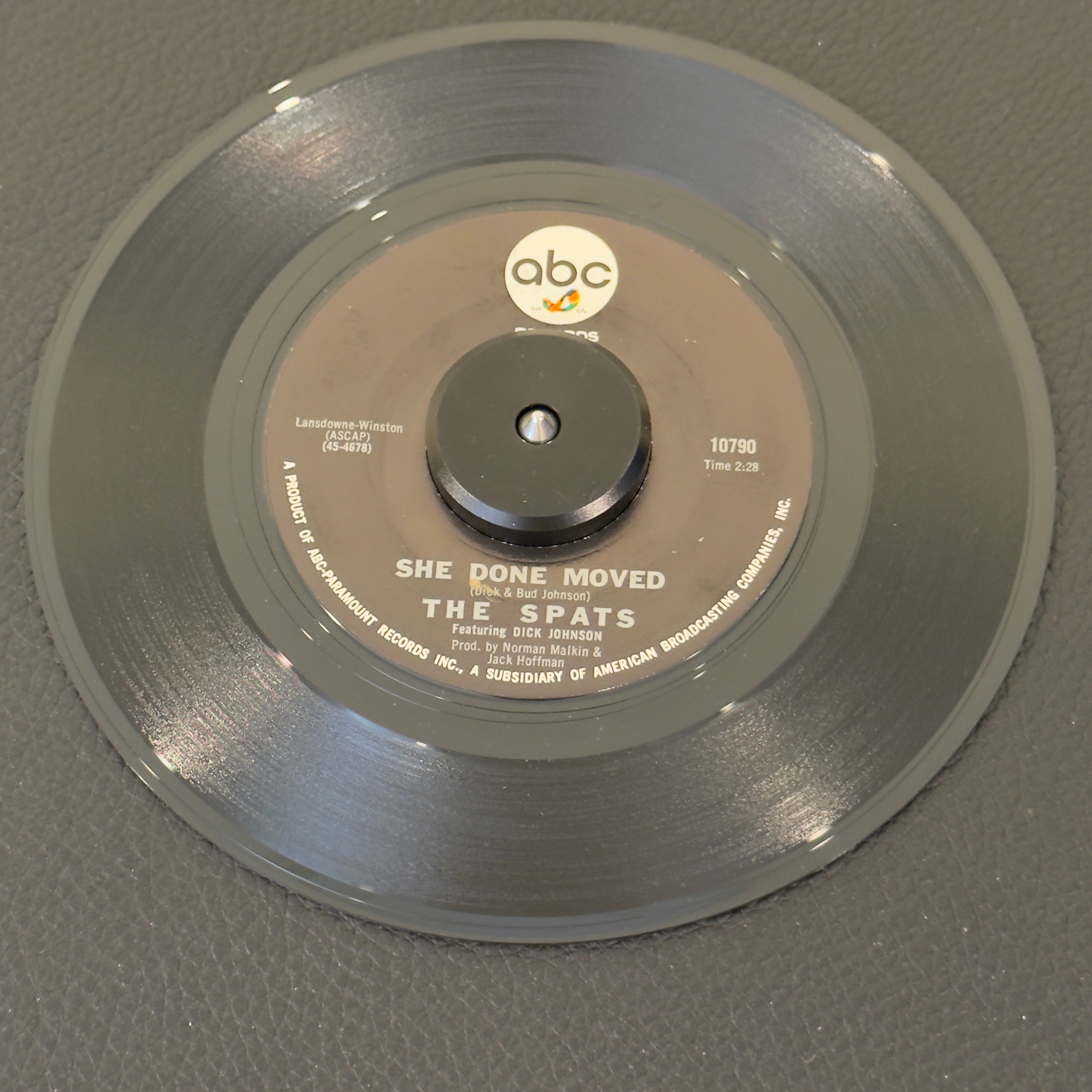 7" vinyl record by Spats, The featuring "She Done Moved/Scoobee Doo", released on ABC Records (10790), in VG+ (Very Good Plus) condition, classic analog collectable for turntable playback. Incredibly rare, blistering piece of 1960s California garage punk and R&B history. Mark on label on side B.