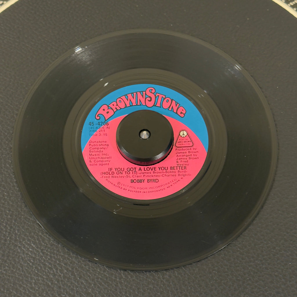 7" vinyl record by Bobby Byrd featuring "If You Got A Love You Better (Hold On To It)/You've Got To Change Your Mind", released on Brownstone (45-4206), in VG+ (Very Good Plus) condition, classic analog collectable for turntable playback. Soul banger arranged by Fred Wesley and the Godfather of Soul - James Brown!
