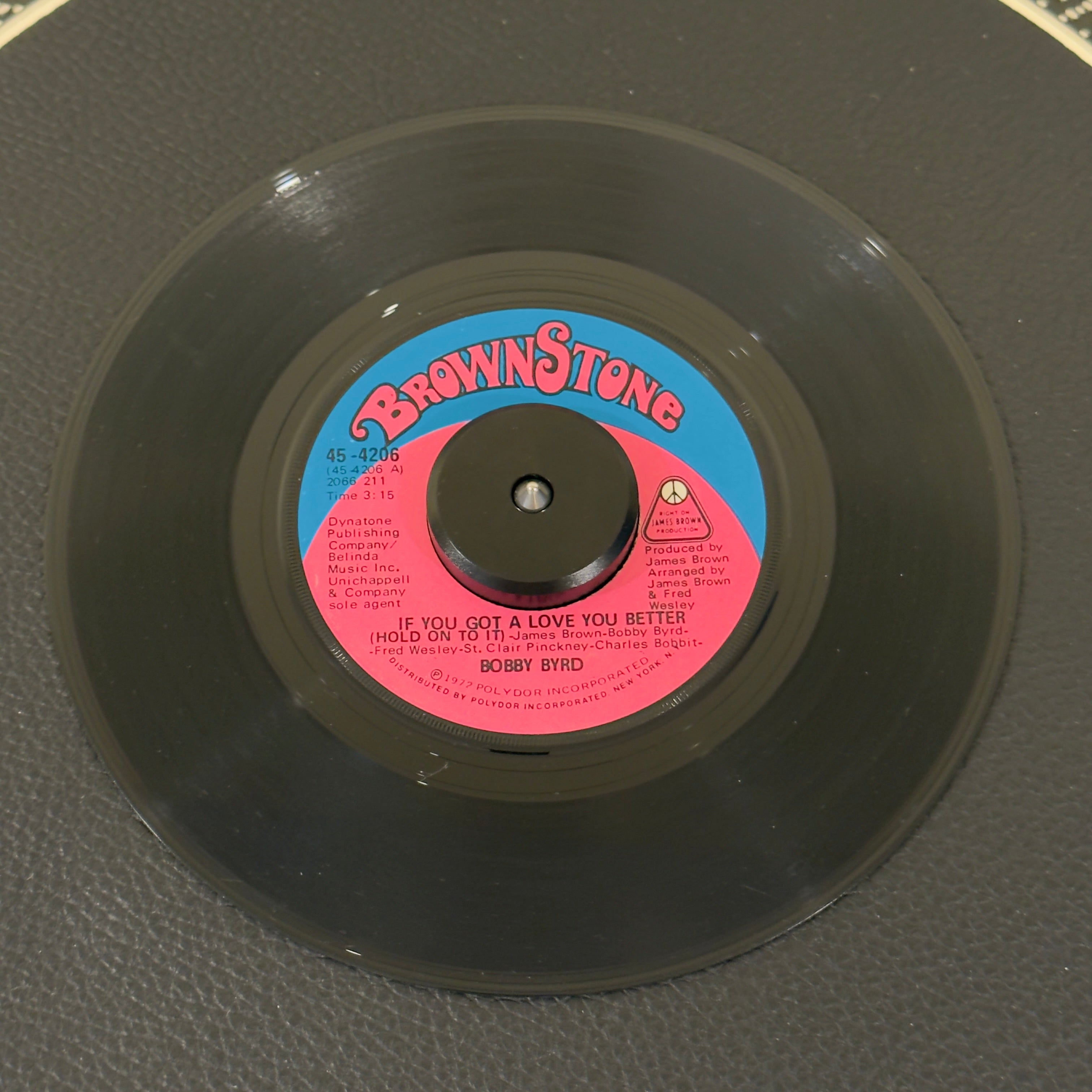 7" vinyl record by Bobby Byrd featuring "If You Got A Love You Better (Hold On To It)/You've Got To Change Your Mind", released on Brownstone (45-4206), in VG+ (Very Good Plus) condition, classic analog collectable for turntable playback. Soul banger arranged by Fred Wesley and the Godfather of Soul - James Brown!