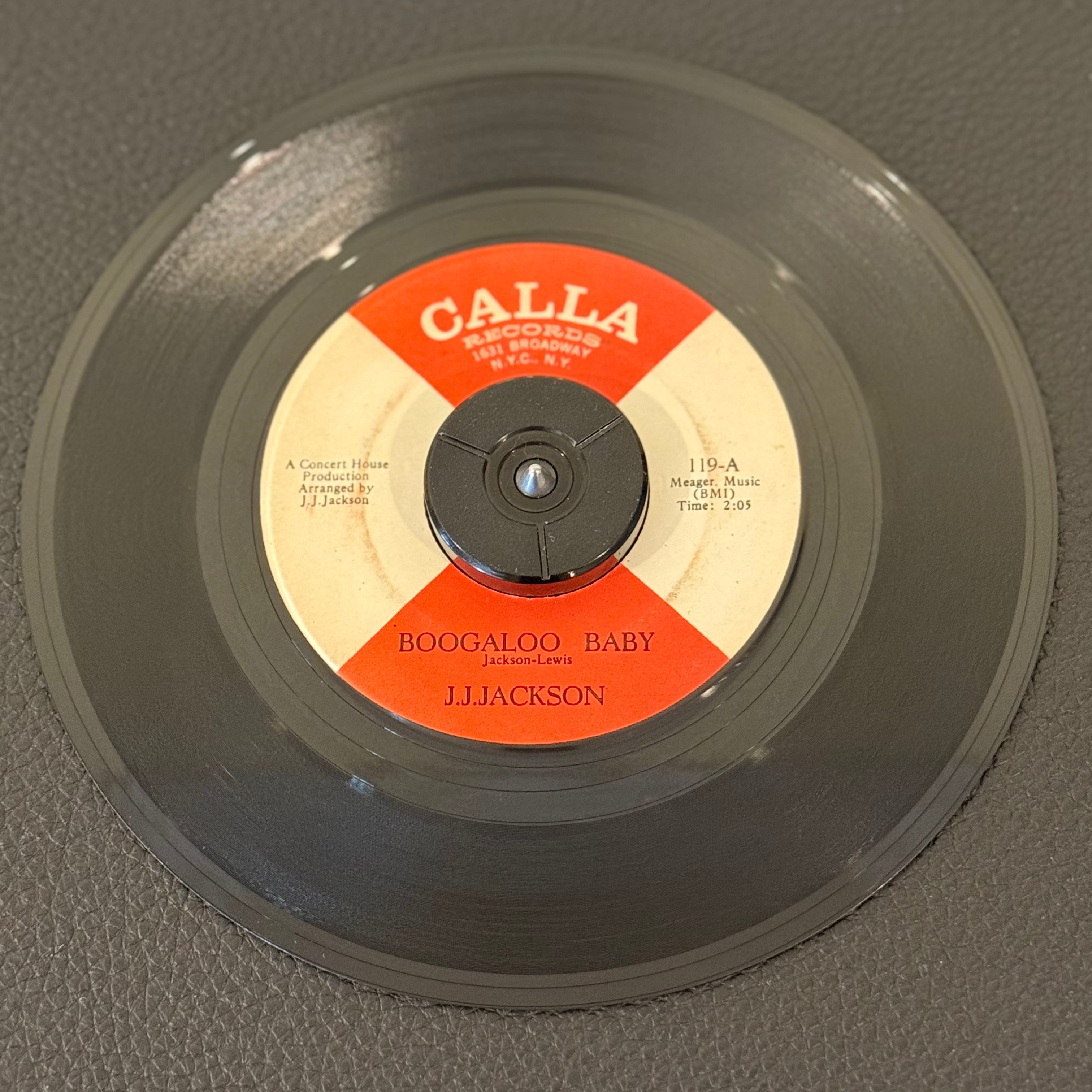 7" vinyl record by JJ Jackson featuring "Boogaloo Baby/But It's Alright", released on Callus Records (119), in NM (Near Mint) condition, classic analog collectable for turntable playback.