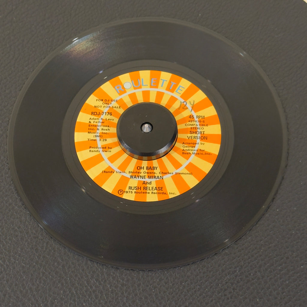 7" vinyl record by Wayne Miran and Rush Release featuring "Oh Baby/Oh Baby", released on Roulette (RDJ-7176), in VG+ (Very Good Plus) condition, classic analog collectable for turntable playback. Promotional copy! This exceptional quartet production serves as a textbook bridge between classic Florida-style soul and early disco grooves. WOL - Original sleeve.