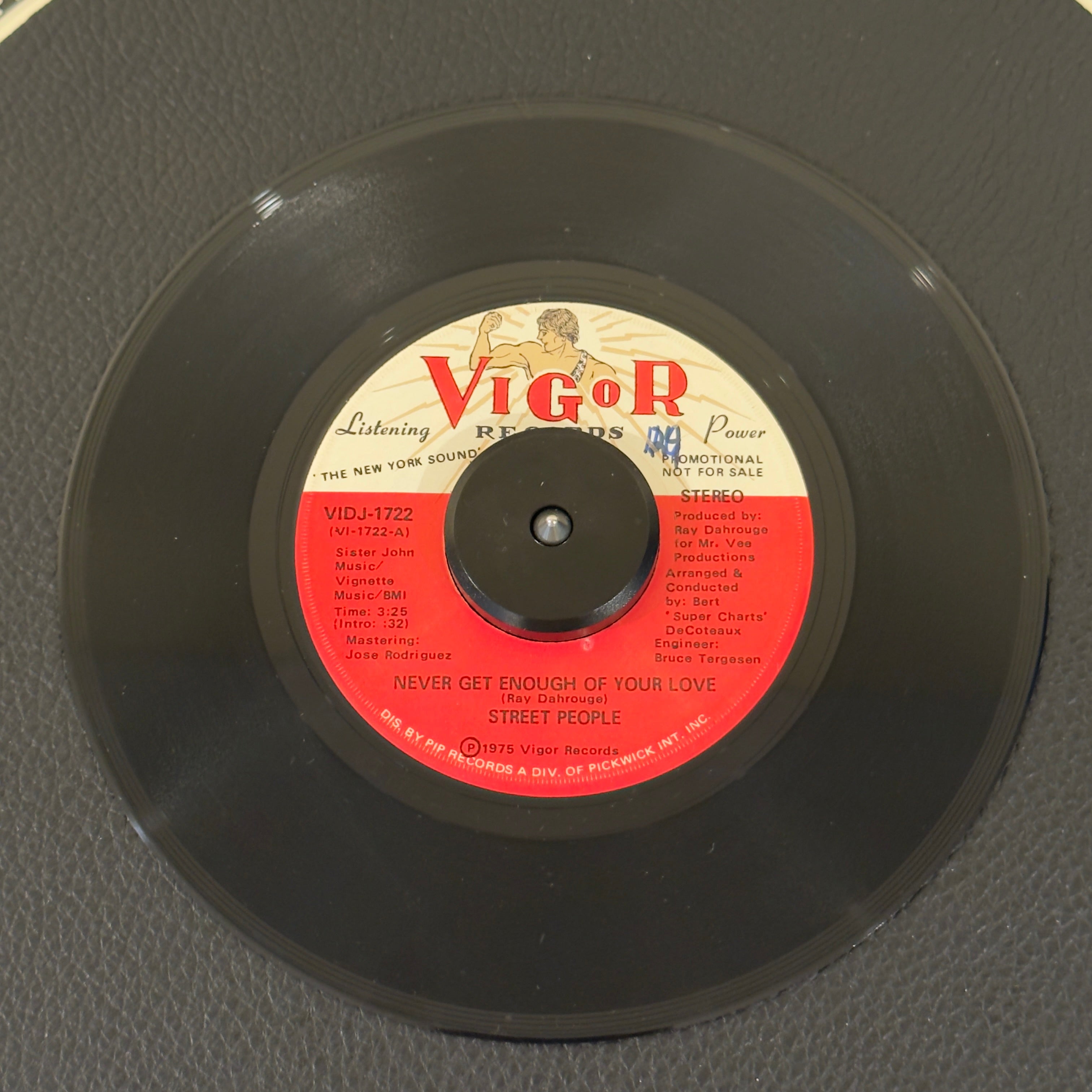 7" vinyl record by Street People featuring "Never Get Enough Of Your Love (Stereo)/Mono", released on Vigor Records (VIDJ-1722), in VG+ (Very Good Plus) condition, classic analog collectable for turntable playback. 1975 promo track that perfectly bridges mid-1970s sweet group soul with emerging club disco dynamics.  WOL.