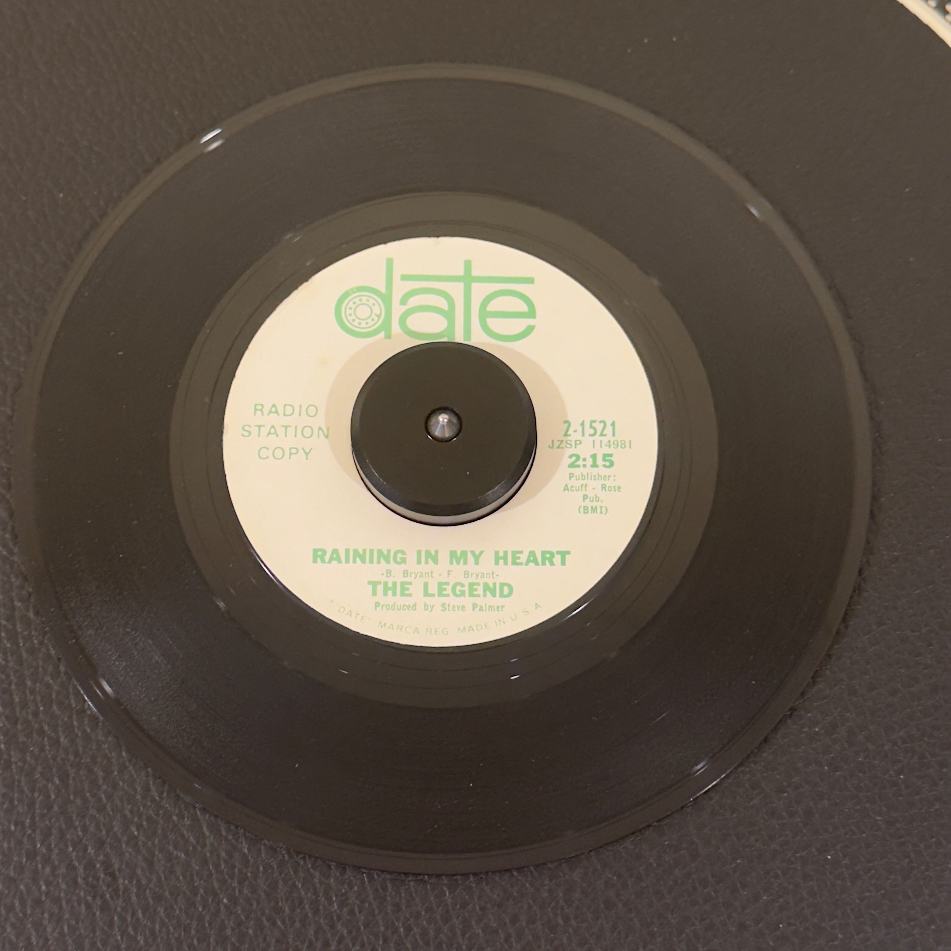 7" vinyl record by Legend, The featuring "Raining In My Heart/How Can I Find Her", released on Date (2-1521), in VG+ (Very Good Plus) condition, classic analog collectable for turntable playback. Scarce Date promo pressing featuring the "The Legend" misprint layout. Certified floor-filler and a foundational piece for any serious mid-60s soul or garage collective. Orig Date Sleeve.