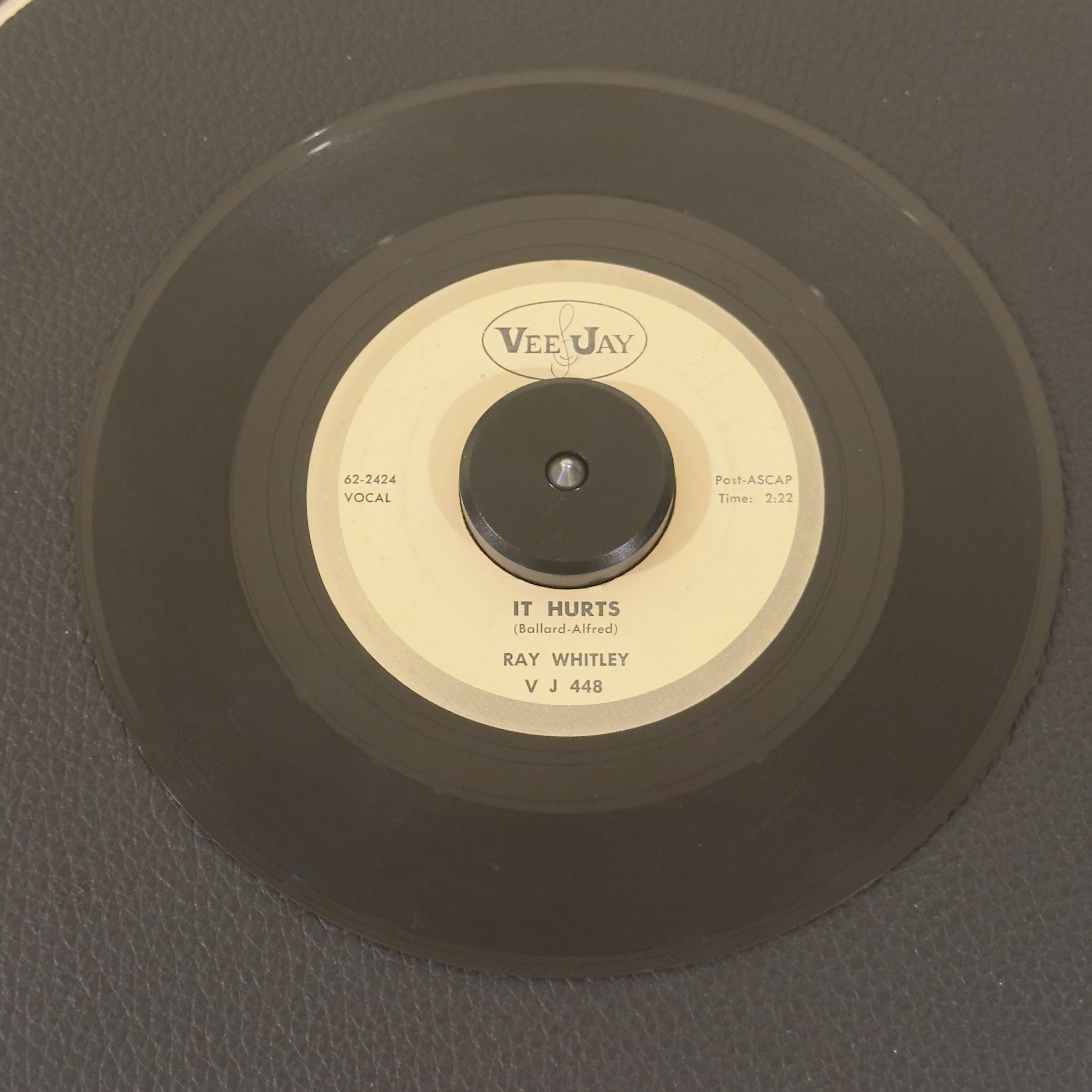 7" vinyl record by Ray Whitley featuring "It Hurts/Deeper In Love", released on Vee Jay Records (VJ 448), in VG (Very Good) condition, classic analog collectable for turntable playback. White Label Promotional copy of Whitley’s classic.