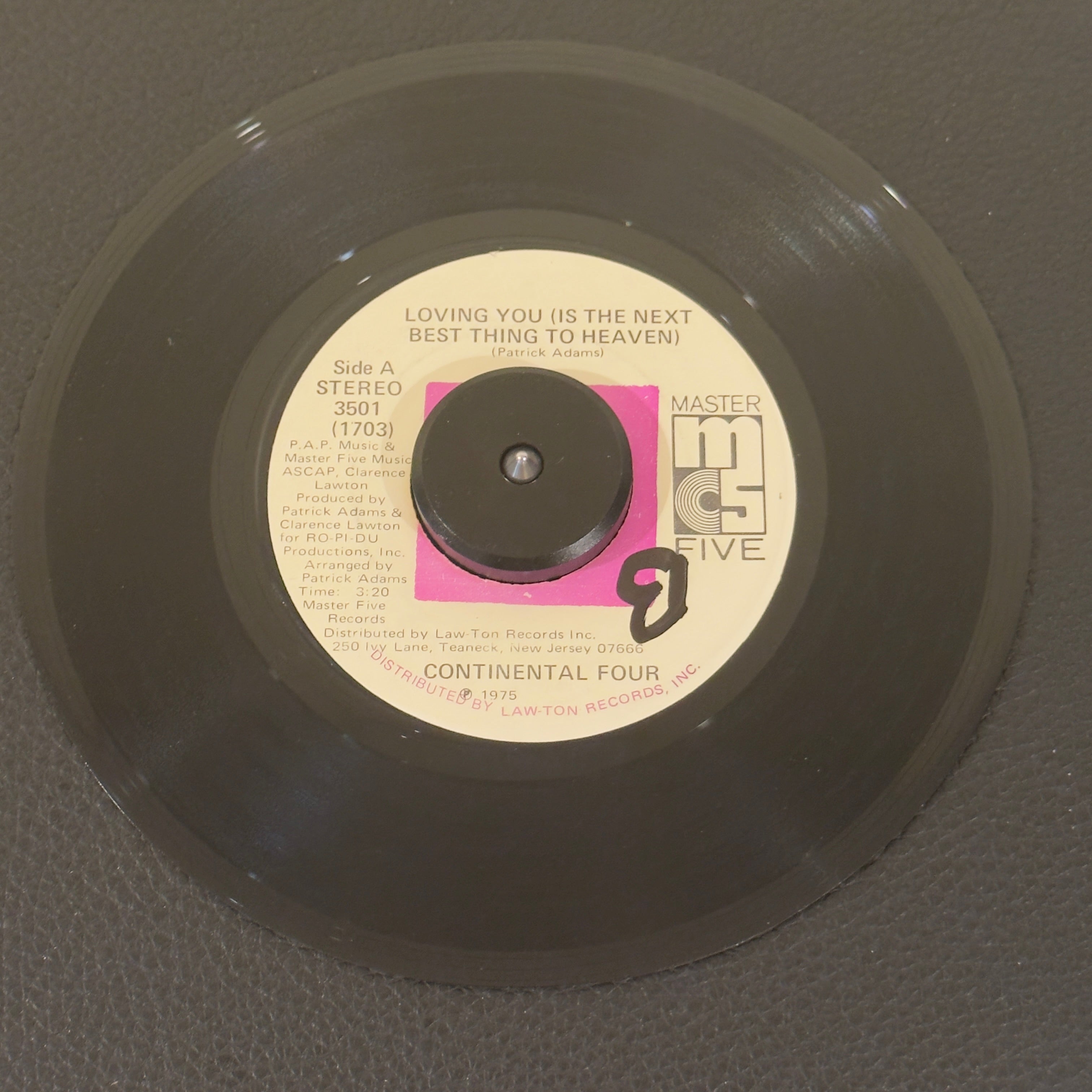 7" vinyl record by Continental 4 featuring "Loving You (Is The Next Best Thing To Heaven)/I Found Love (Instrumental)", released on Master Five (3501), in VG+ (Very Good Plus) condition, classic analog collectable for turntable playback. Highly desirable 1975 original US pressing featuring the iconic Master Five pink label layout.  WOL Side A