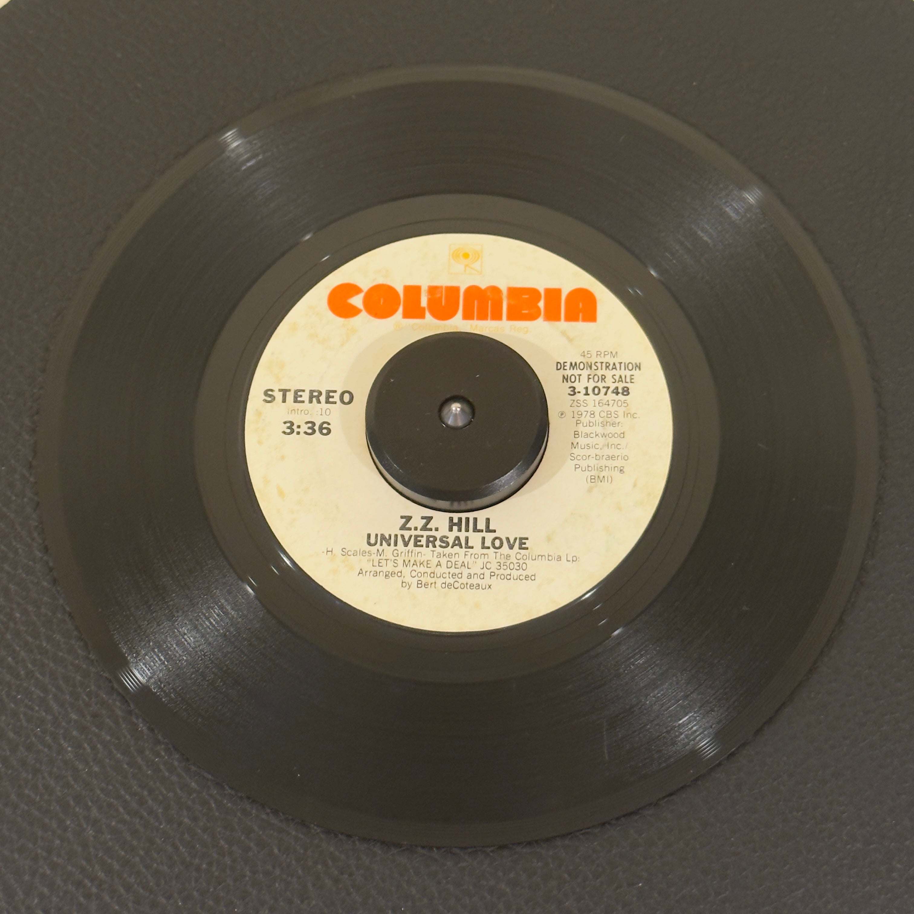 7" vinyl record by Z.Z. Hill featuring "Universal Love/Universal Love", released on Columbia (3-10748), in VG (Very Good) condition, classic analog collectable for turntable playback. Original 1978 White Label Promotional copy an absolute prime piece of modern soul history.  Original Columbia sleeve included.