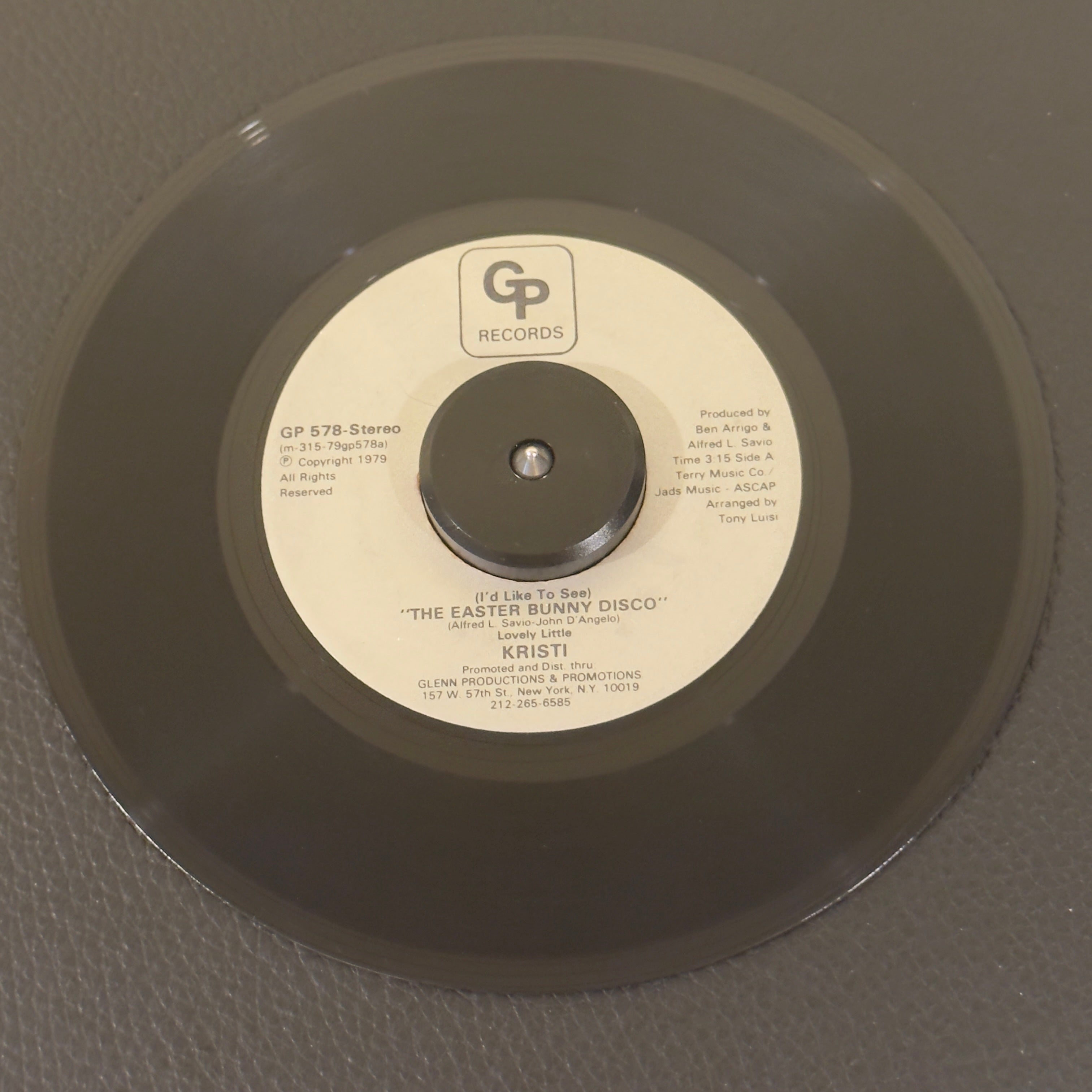 7" vinyl record by Lovely Little Kristi / Tony Luisi featuring "(I'd Like To See) The Easter Bunny Disco/Disco Bunny", released on GP Records (GP 578), in VG (Very Good) condition, classic analog collectable for turntable playback. Incredibly obscure, highly coveted piece of late-1970s private-press novelty disco.