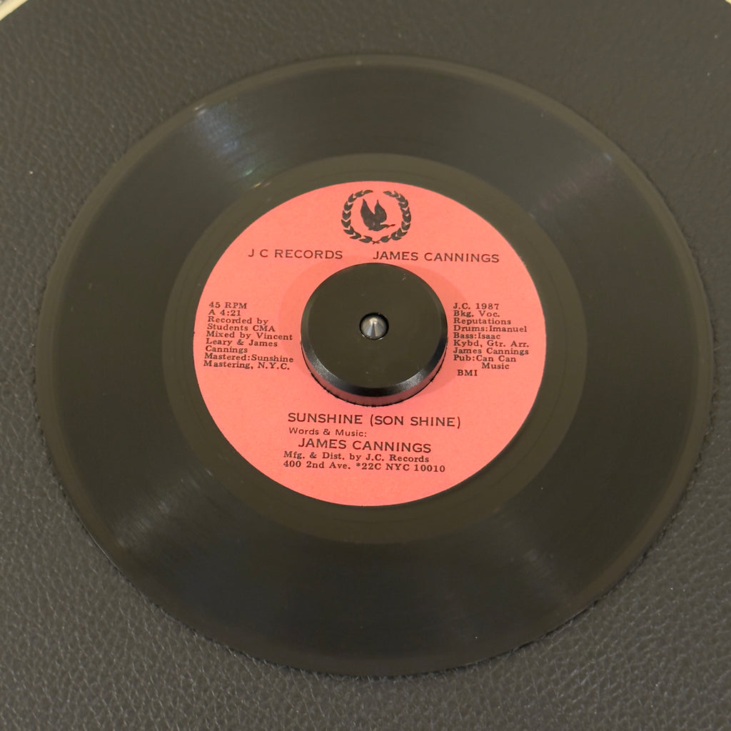 7" vinyl record by James Cannings featuring "Sunshine/As Time Goes By We Remember Ourselves", released on JC Records (), in VG (Very Good) condition, classic analog collectable for turntable playback. Highly sought-after vinyl for deep roots-reggae collectors and private-press obscurity hunters that features synthesizers by the legendary Tyrone Downie (Bob Marley & The Wailers).
