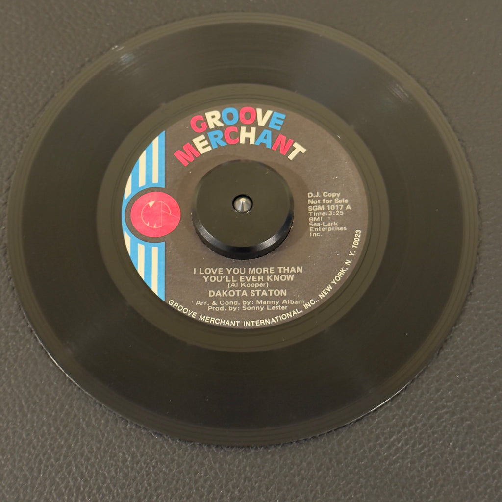 7" vinyl record by Dakota Staton featuring "I Love You More Than You'll Ever Know/(I Want A) Country Man", released on Groove Merchant (SGM 1017), in VG+ (Very Good Plus) condition, classic analog collectable for turntable playback. This is an original, official 1973 Promo Copy of the legendary Dakota Staton who transforms this track into a staggering piece of mid-70s rare groove history.