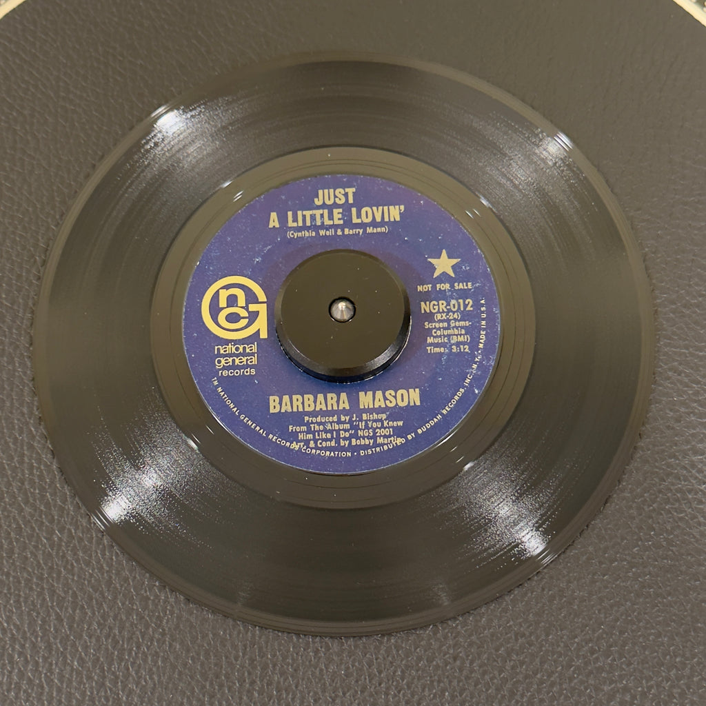 7" vinyl record by Barbara Mason featuring "Just A Little Lovin'/Yes, It's You", released on National General Records (NGR-012), in VG+ (Very Good Plus) condition, classic analog collectable for turntable playback. Includes National General sleeve. Promo Copy.