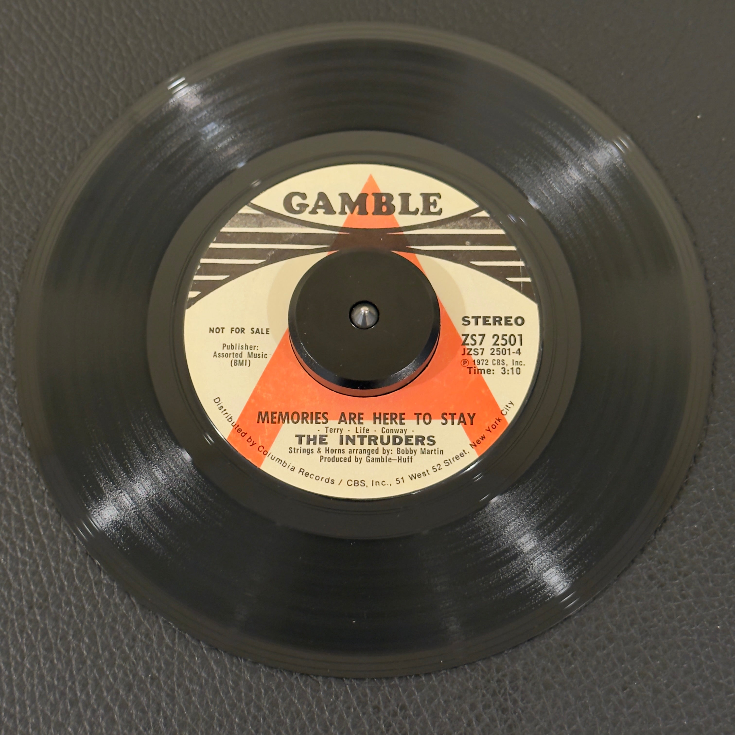 7" vinyl record by Intruders, The featuring "Memories Are Here To Stay/(Win, Place Or Show) She's A Winner", released on Gamble (ZS7 2501), in VG+ (Very Good Plus) condition, classic analog collectable for turntable playback. Exceptional promo copy of 1972 Philadelphia soul.