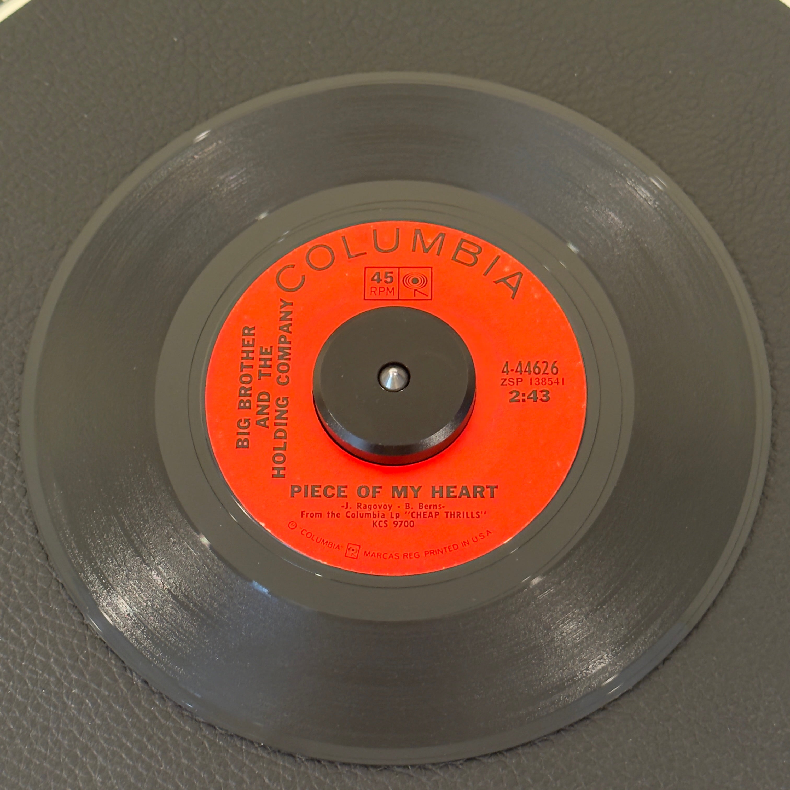 7" vinyl record by Big Brothers And The Holding Company featuring "Piece Of My Heart/Turtle Blues", released on Columbia (4-44626), in NM (Near Mint) condition, classic analog collectable for turntable playback. 1968 single featuring Janis Joplin’s earth-shattering performance on "Piece of My Heart," backed with the raw acoustic blues track "Turtle Blues." Original Columbia sleeve.