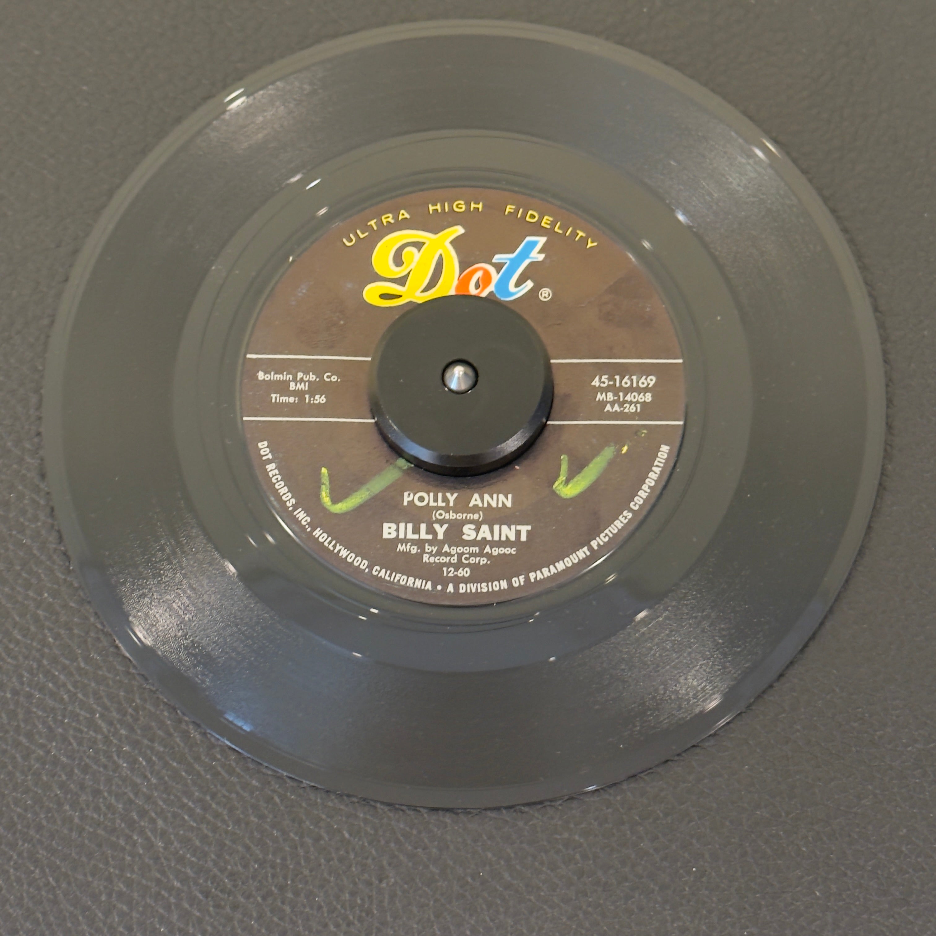 7" vinyl record by Billy Saint featuring "Polly Ann/Midnight Freeze", released on Dot Records (45-16169), in VG+ (Very Good Plus) condition, classic analog collectable for turntable playback. Incredible slice of 1960 rock & roll and teen pop history!  Original Dot Records sleeve included. WOL