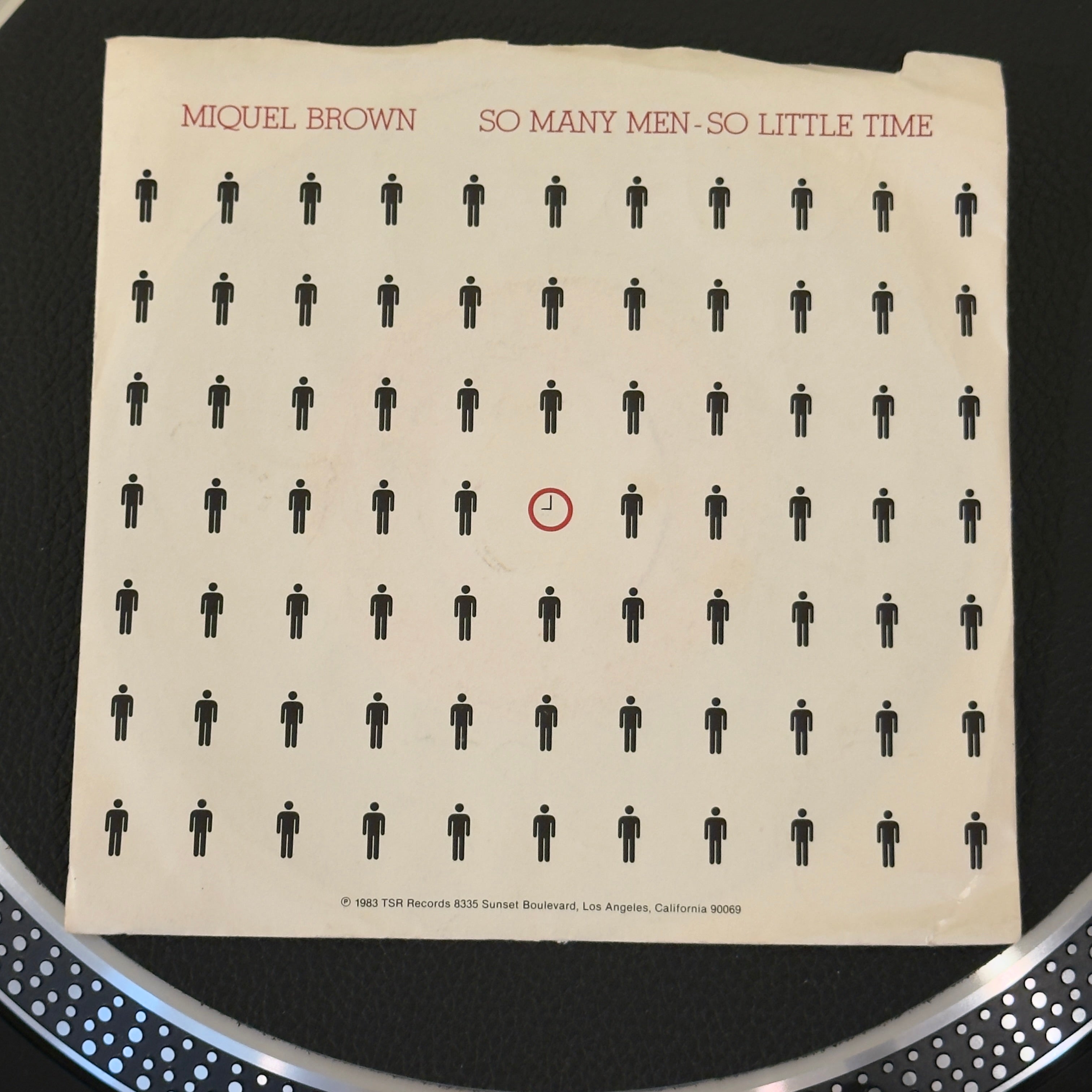7" vinyl record by Miquel Brown featuring "So Many Men, So Little Time (Vocal)/Instrumental", released on TSR Records (TR102), in VG+ (Very Good Plus) condition, classic analog collectable for turntable playback. 1983 electronic club history produced by the iconic Ian Levine! Pic sleeve included.