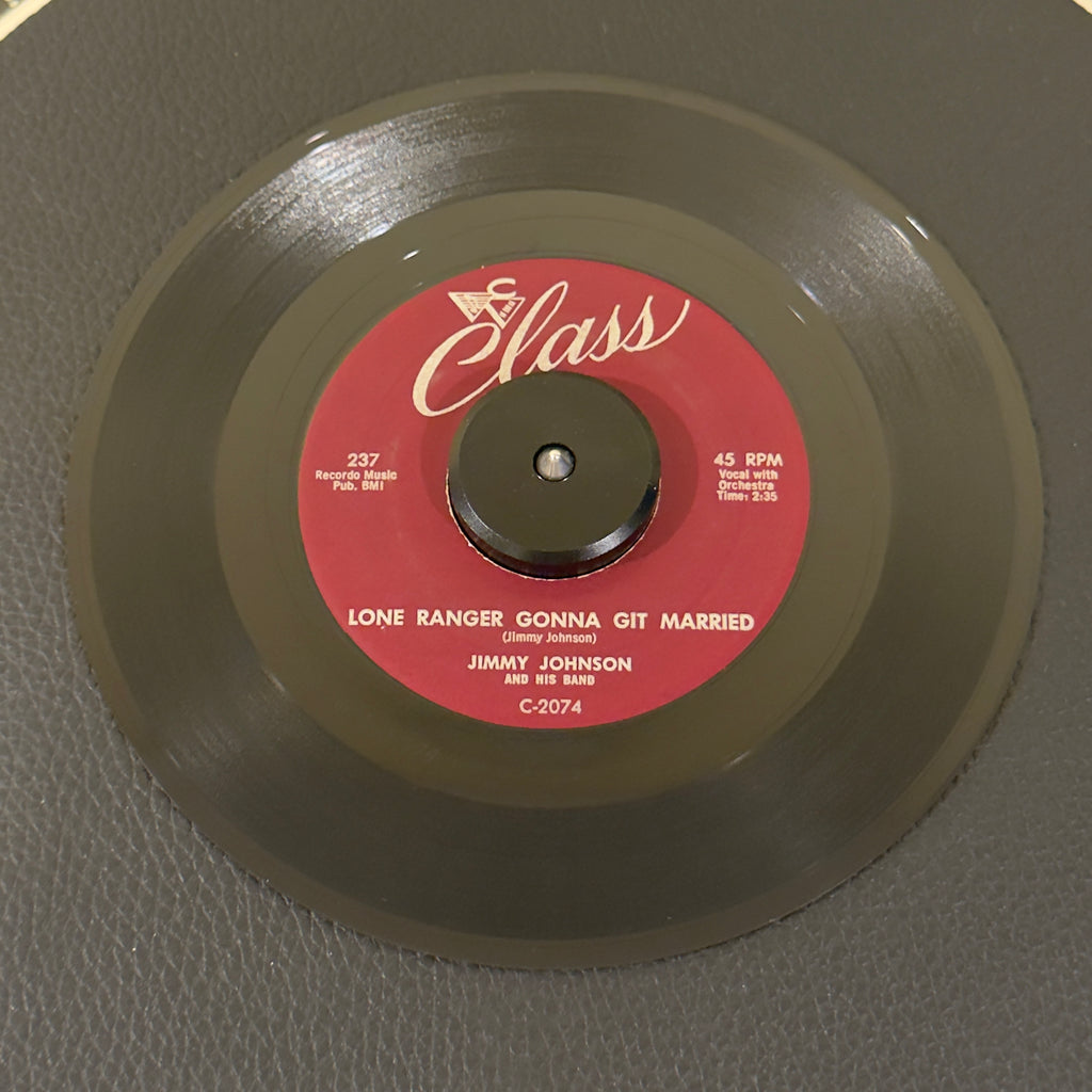 7" vinyl record by Jimmy Johnson and His Band featuring "Lone Ranger Gonna Git Married/Cool Cool School", released on Class (237), in VG+ (Very Good Plus) condition, classic analog collectable for turntable playback. Highly collectible original 1958 US pressing of a roaring Black Rock & Roll / Rockabilly banger in the original Class Records sleeve.