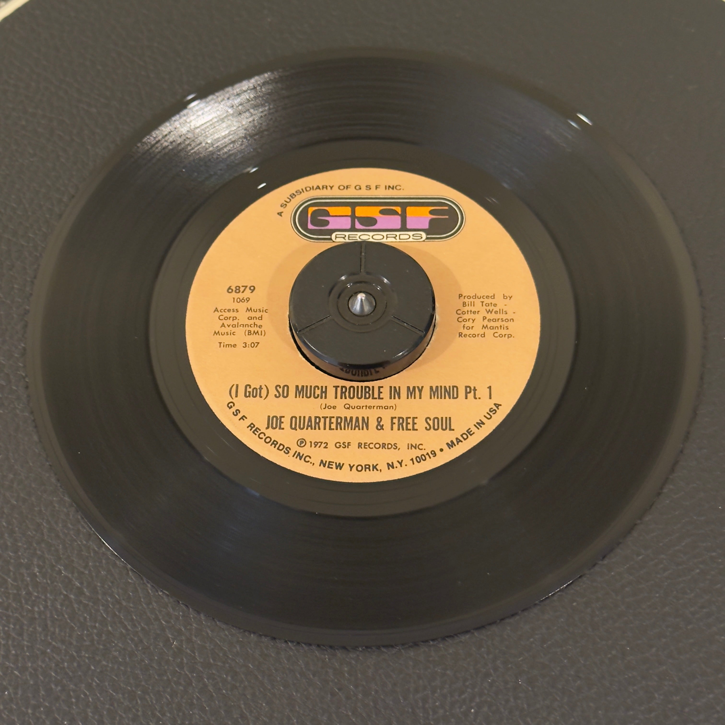 7" vinyl record by Joe Quarterman & Free Soul featuring "(I Got) So Much Trouble in My Mind (Pt 1)/(I Got) So Much Trouble in My Mind (Pt 2)", released on GSF Records (6879), in VG+ (Very Good Plus) condition, classic analog collectable for turntable playback.