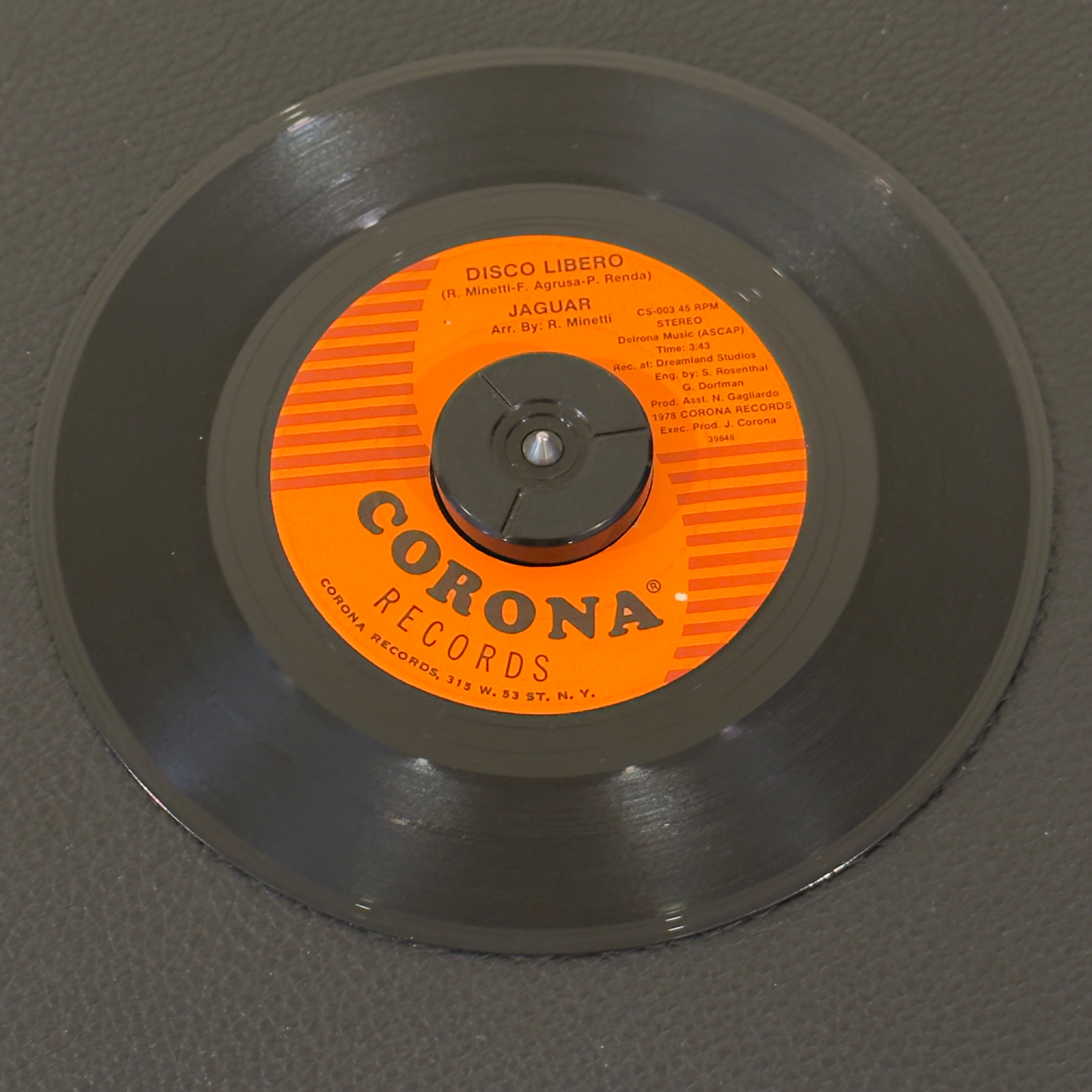 7" vinyl record by Jaguar featuring "Disco Libero/Maria", released on Corona Records (CS-003), in VG (Very Good) condition, classic analog collectable for turntable playback. Super rare!!