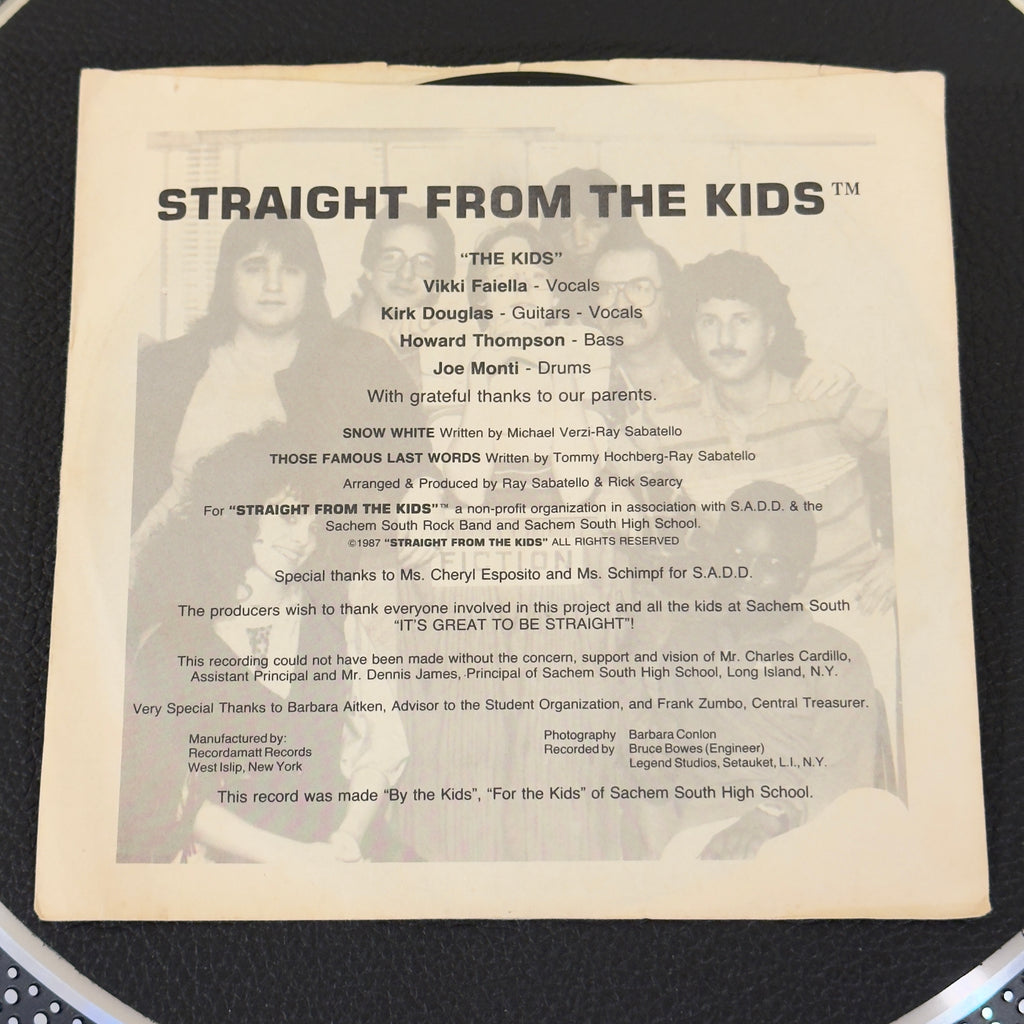 7" vinyl record by Straight From The Kids featuring "Snow White/Those Famous Last Words", released on Straight Kids (REC-0770), in VG+ (Very Good Plus) condition, classic analog collectable for turntable playback. Super Rare Pre - Roots "Captain" Kirk Douglas High school band! Pic Sleeve Included!