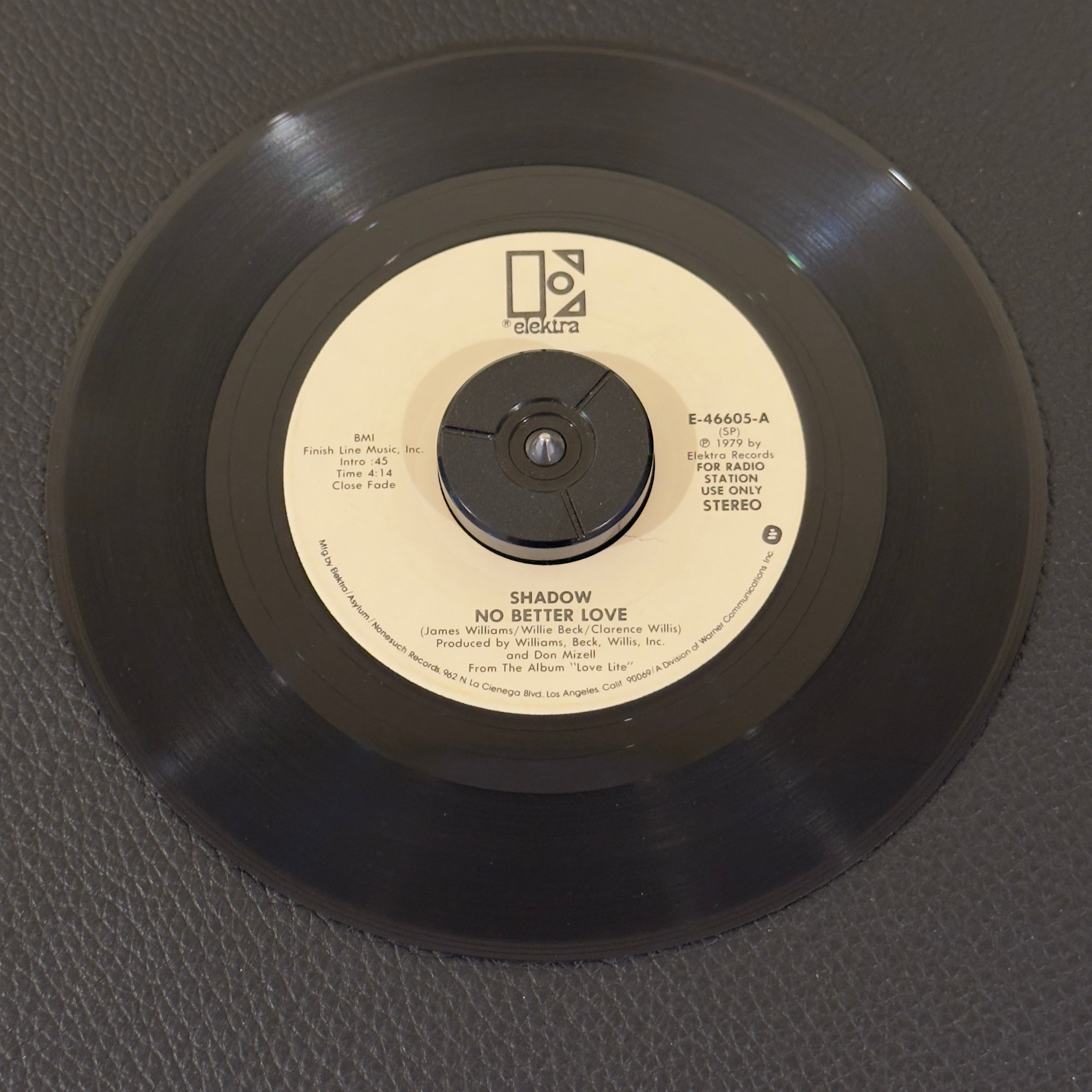 7" vinyl record by Shadow featuring "No Better Love/No Better Love", released on Elektra (E-46605), in VG+ (Very Good Plus) condition, classic analog collectable for turntable playback. Promo Copy! Original Elektra sleeve included.  Writing on label (Side A).