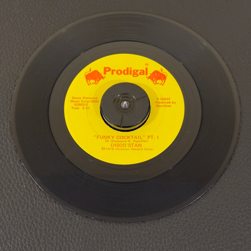 7" vinyl record by Disco Stan featuring "Funky Cocktail Pt I/Funky Cocktail Pt II", released on Prodigal (P 0624 F), in NM (Near Mint) condition, classic analog collectable for turntable playback. Monarch Pressing.